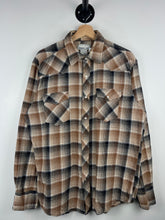 Vintage 90s Wrangler Western Pearl Snap Plaid Brown & White Button Up Flannel Long Sleeve Shirt