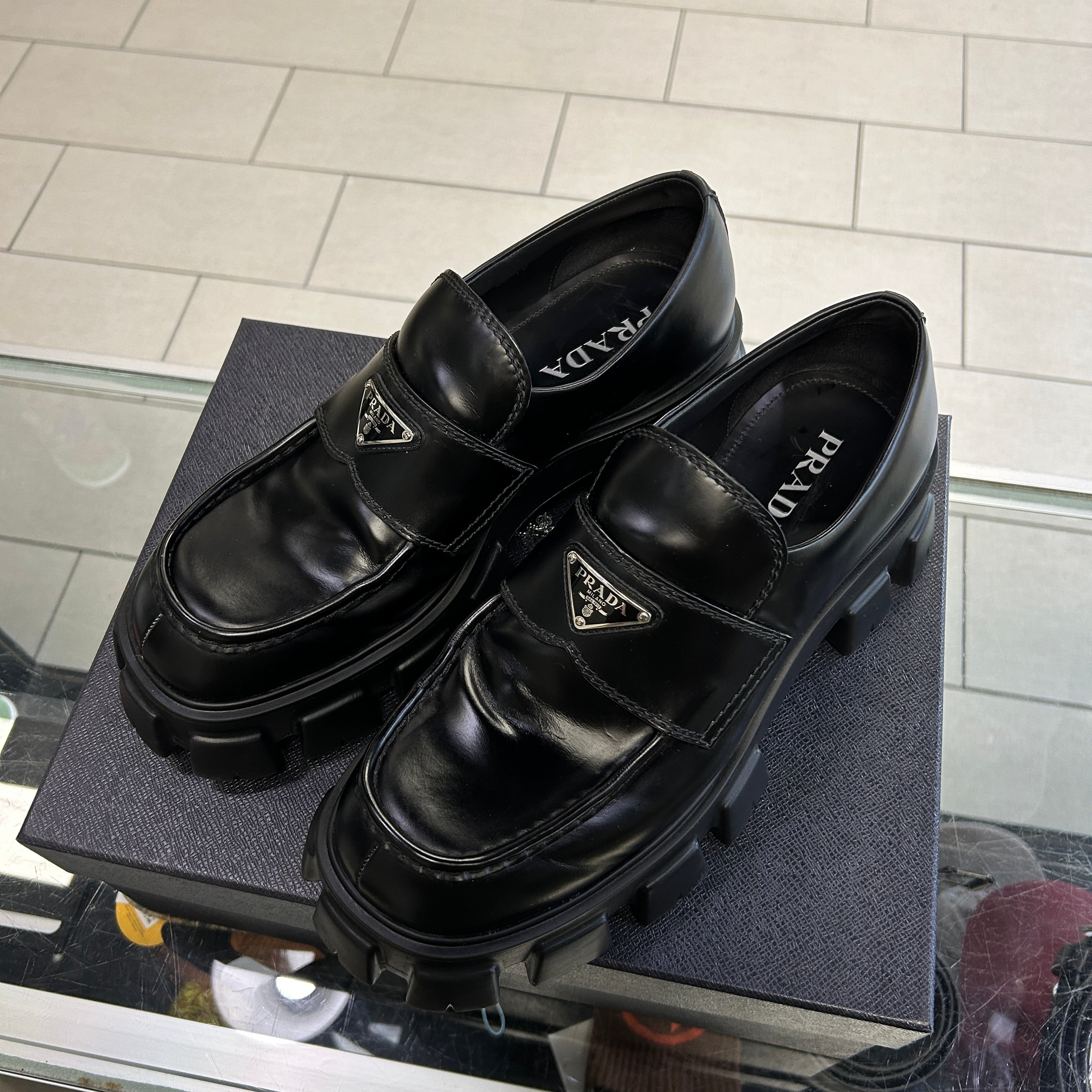 Prada Monolith Brushed Leather Black Loafers