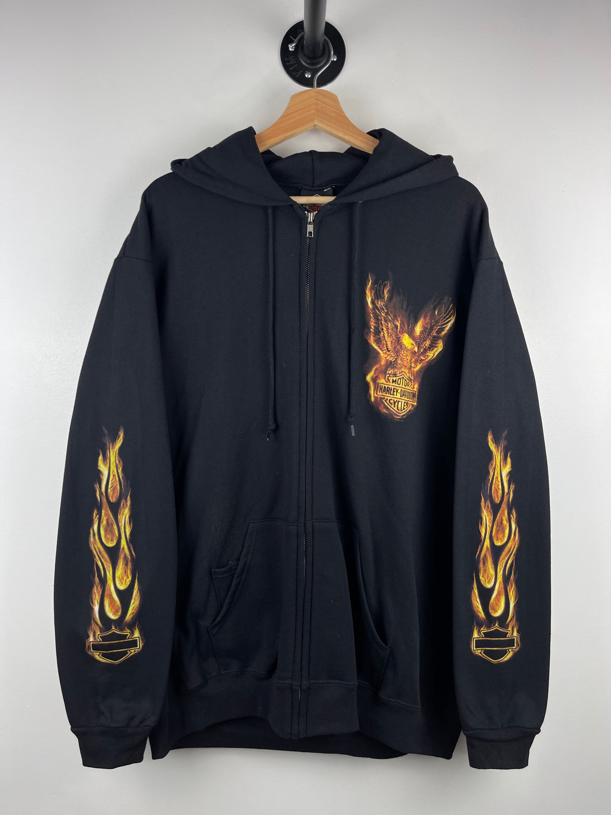 Vintage Harley Davidson Flames Eagle Black Zip Up Hoodie