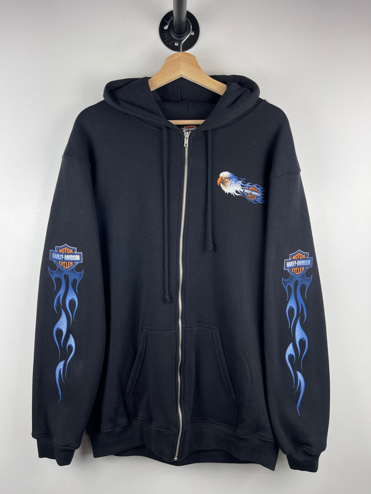 Vintage Harley Davidson Blue Flames Eagle Black Zip Up Hoodie
