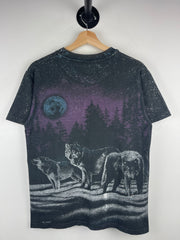 Vintage 90s South Dakota Wolf Nature All Over Print Black Tee
