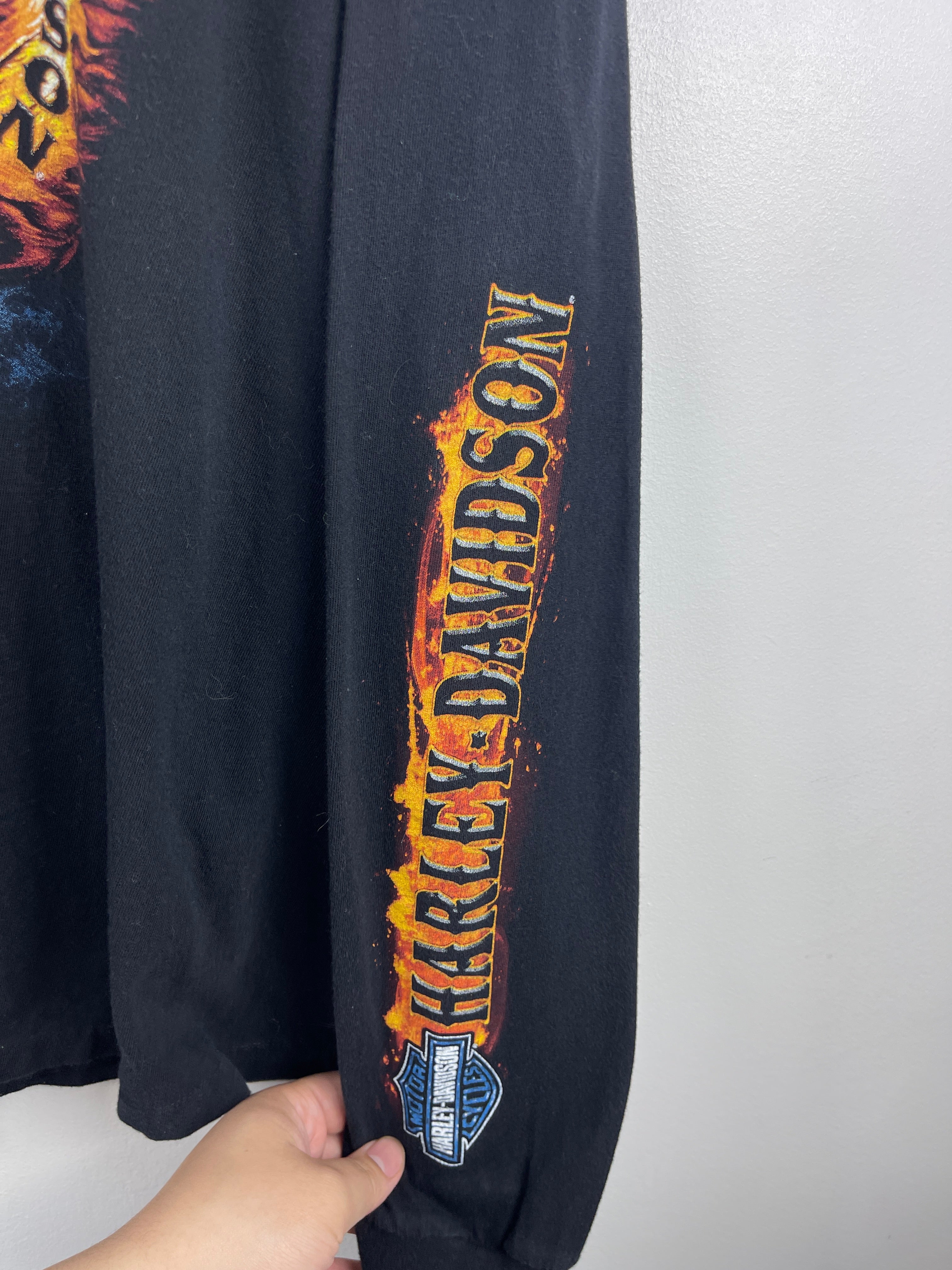 Vintage Harley Davidson Skull Flames Lynwood Washington State Black Long Sleeve
