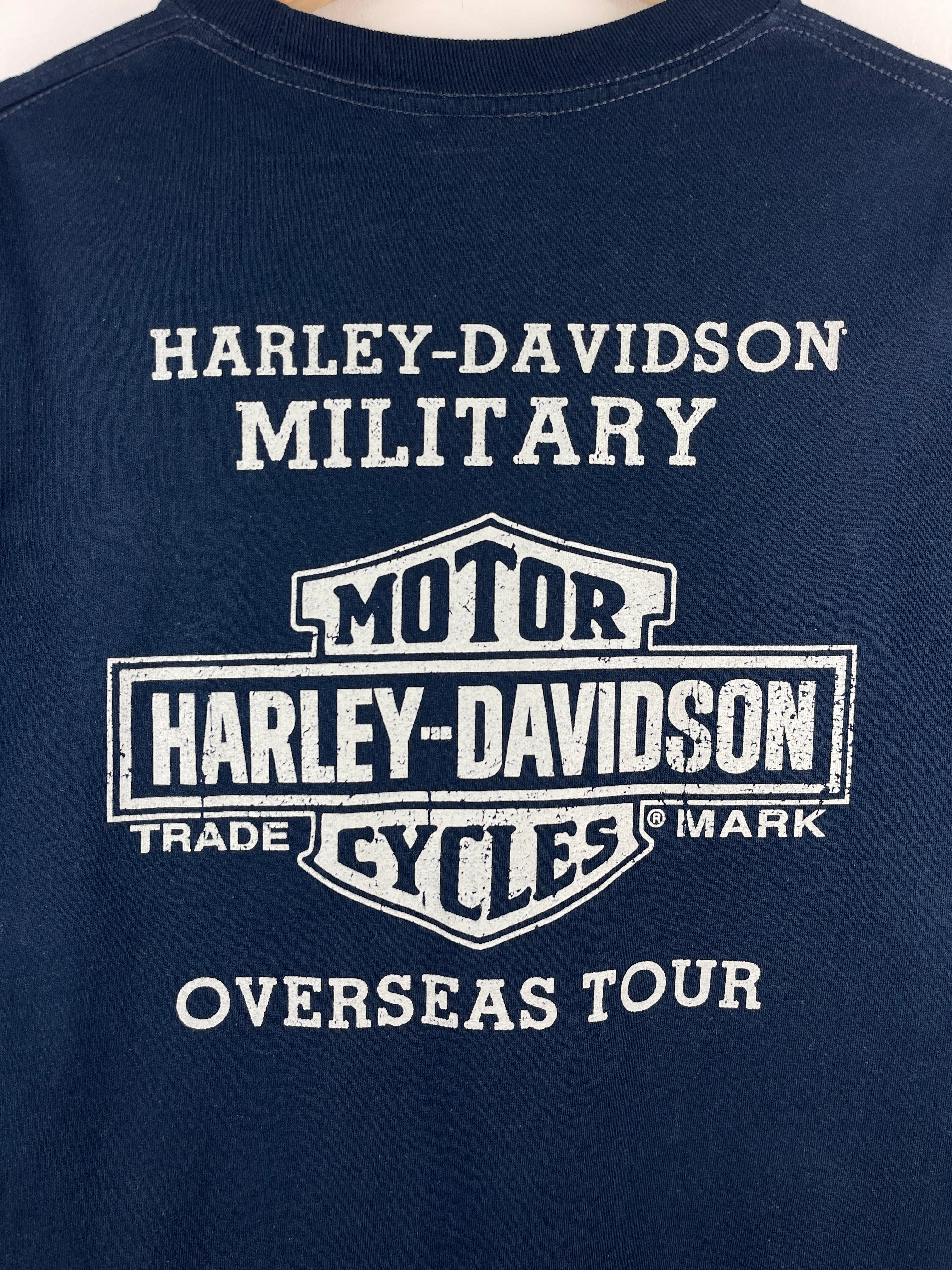 Vintage Harley Davidson Skull Military Overseas Tour Navy Tee