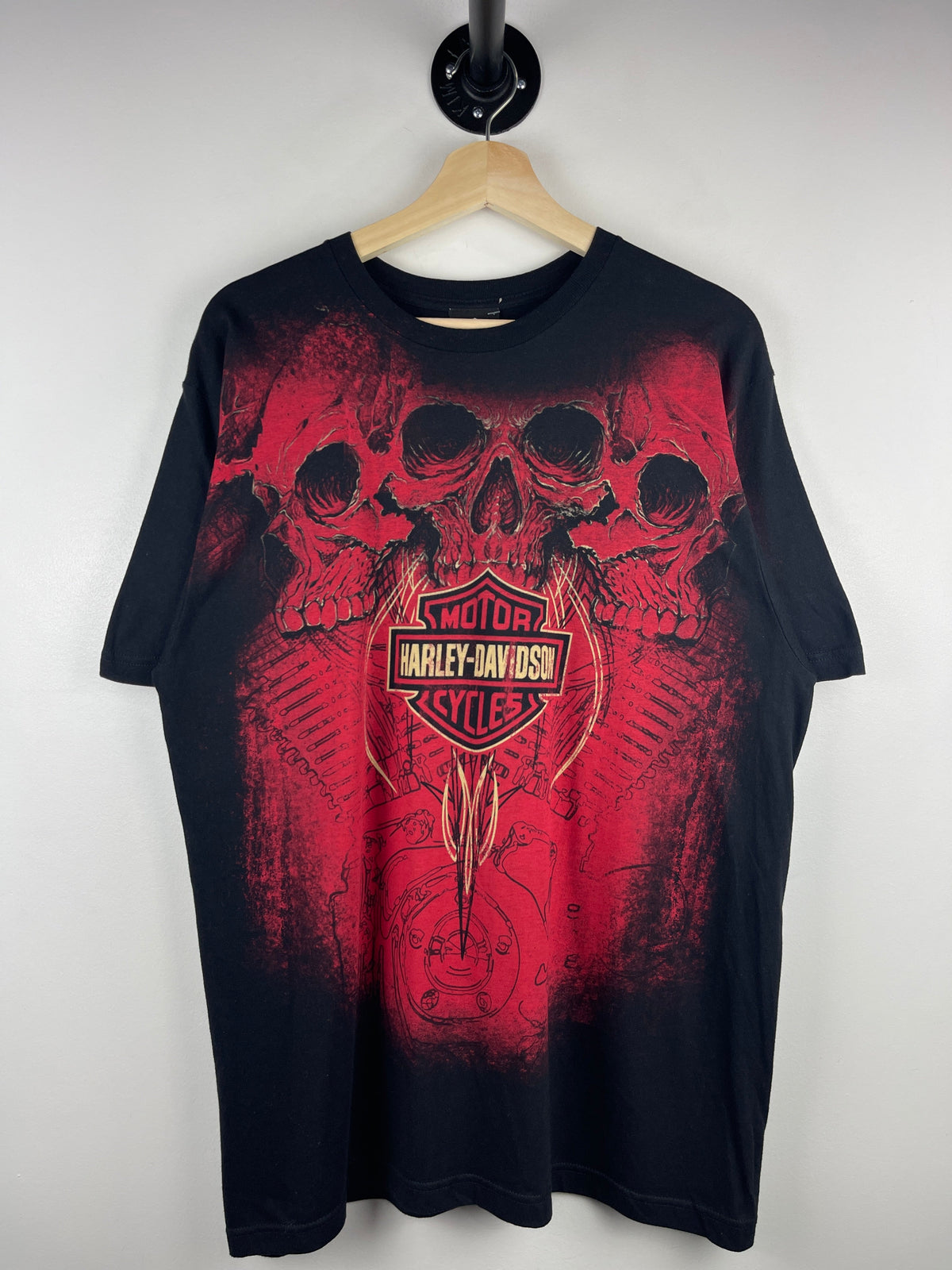 Vintage Harley Davidson Skulls Tribal All Over Black & Red  Print Tee
