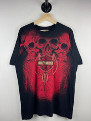 Vintage Harley Davidson Skulls Tribal All Over Black & Red  Print Tee