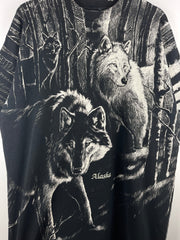Vintage 90s Wolf Wilderness Alaska All Over Print Black Tee