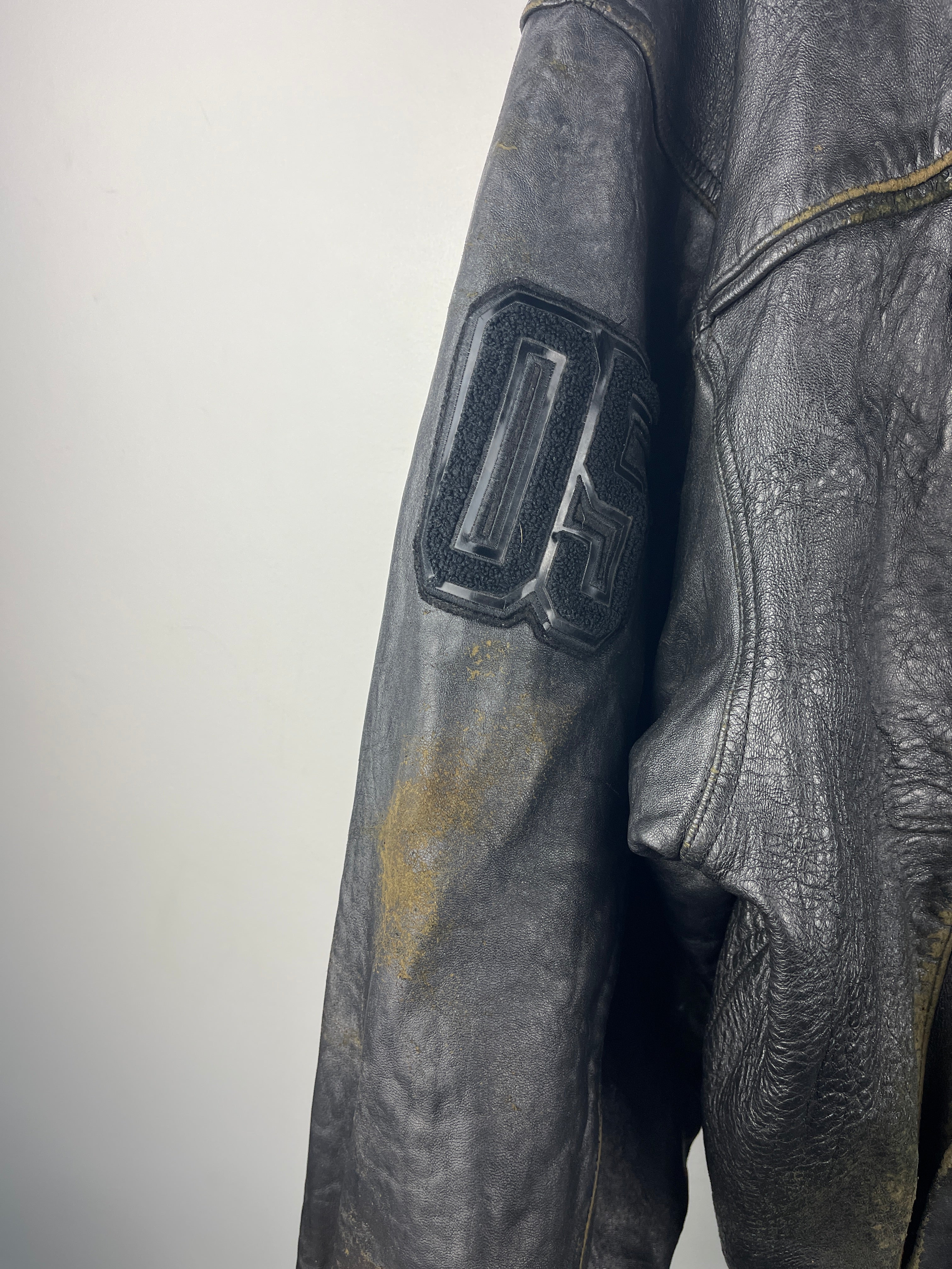 Vintage Fubu Sports Faded Black Leather Bomber Jacket