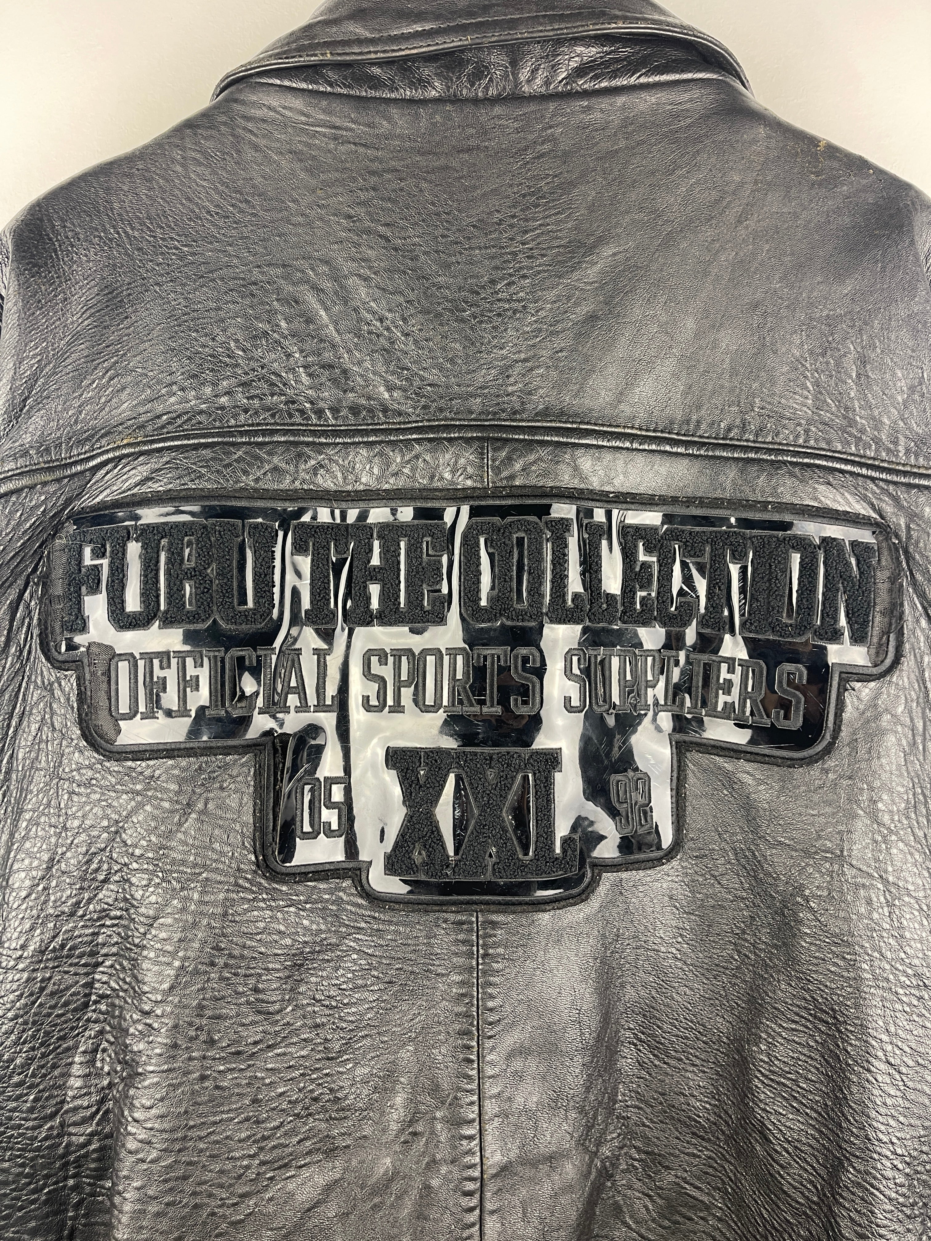 Vintage Fubu Sports Faded Black Leather Bomber Jacket