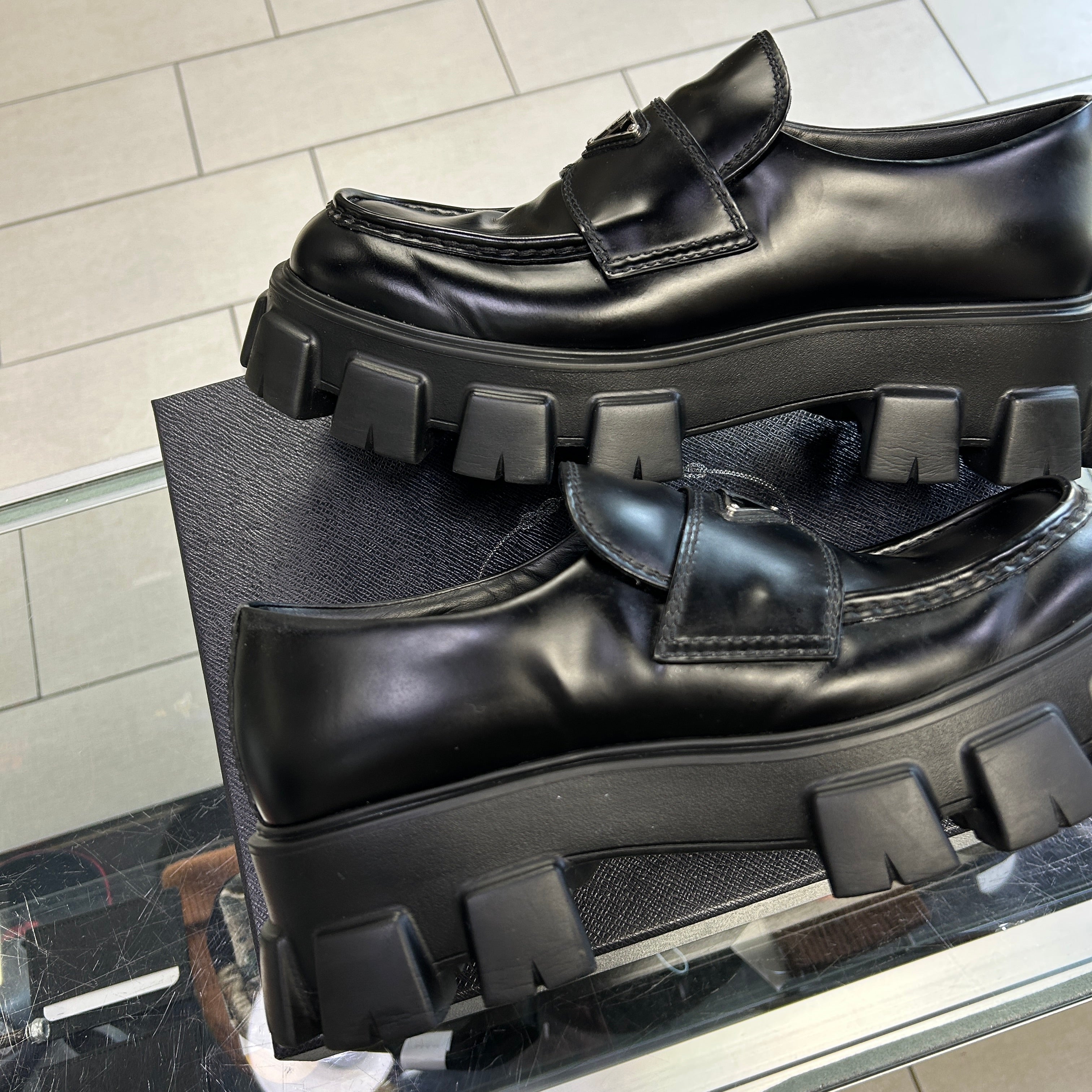 Prada Monolith Brushed Leather Black Loafers