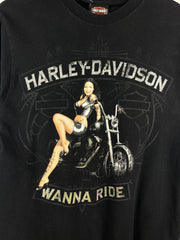 Vintage Harley Davidson Pin Up Girl Wyoming Black Tee