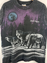 Vintage 90s South Dakota Wolf Nature All Over Print Black Tee