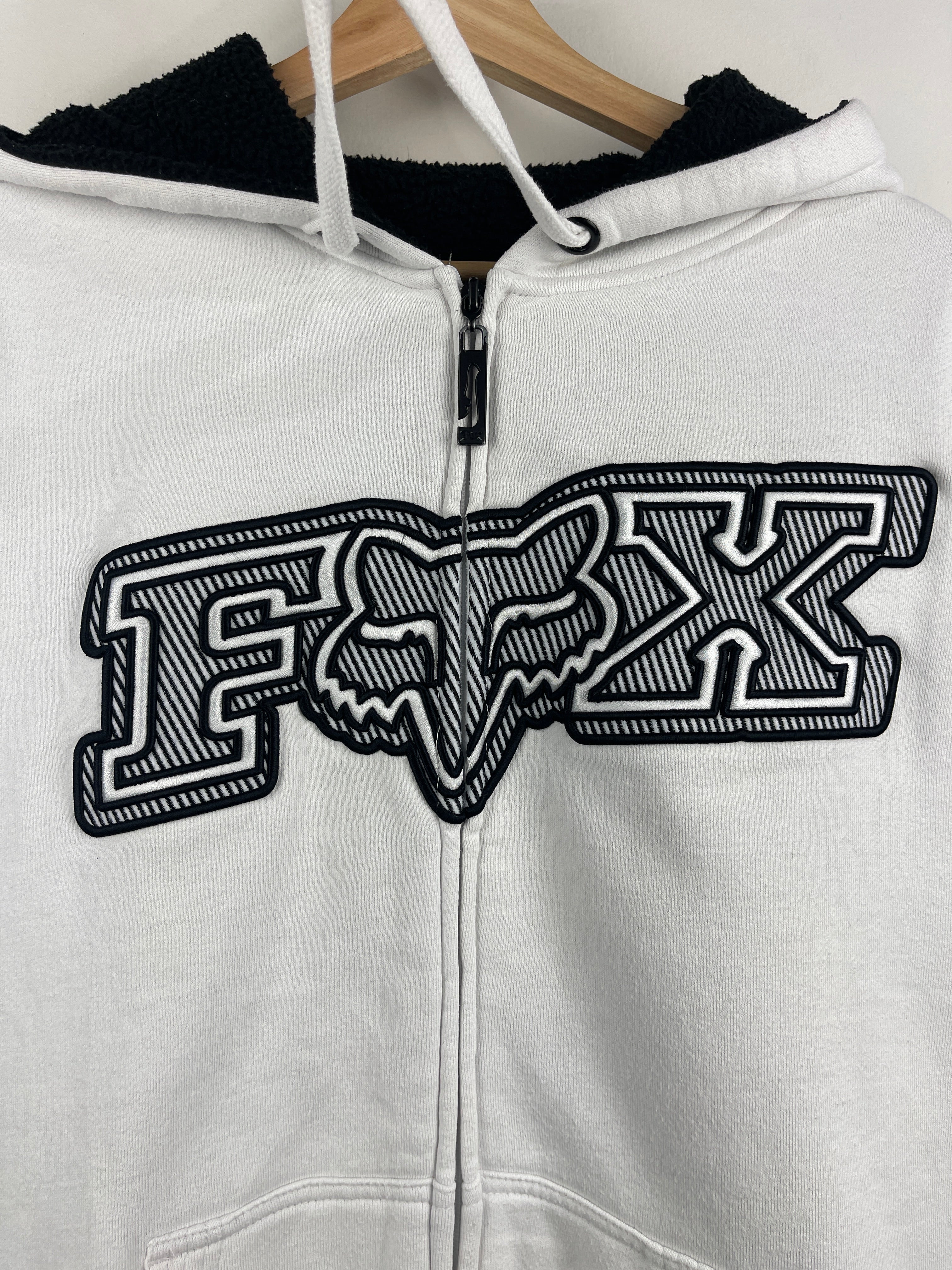 Vintage Fox Racing Embroidered Sherpa Lined White Zip Up Hoodie