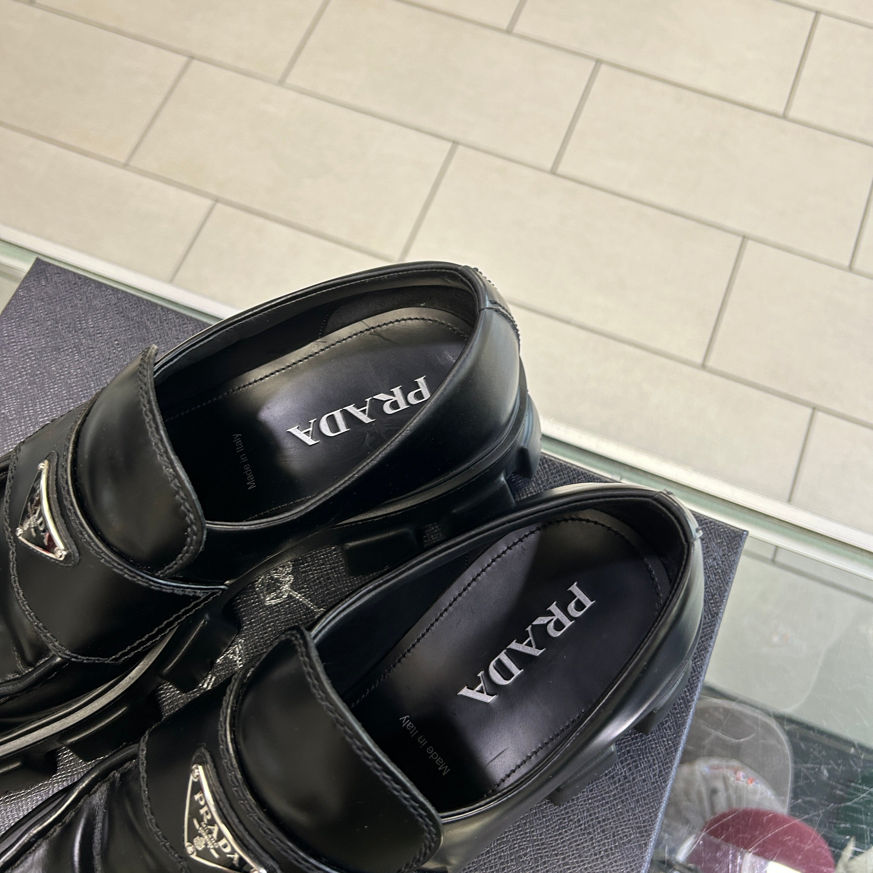 Prada Monolith Brushed Leather Black Loafers