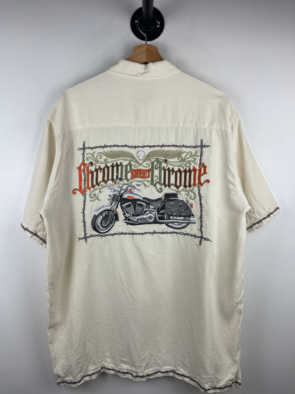 Vintage Harley Davidson Chrome Sweet Chrome Barb Wire Silk Short Sleeve Button Up Shirt