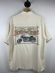 Vintage Harley Davidson Chrome Sweet Chrome Barb Wire Silk Short Sleeve Button Up Shirt