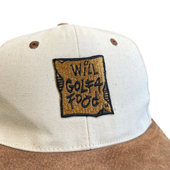 Vintage 90s Will Golf For Food Beige & Brown Leather Strapback Hat