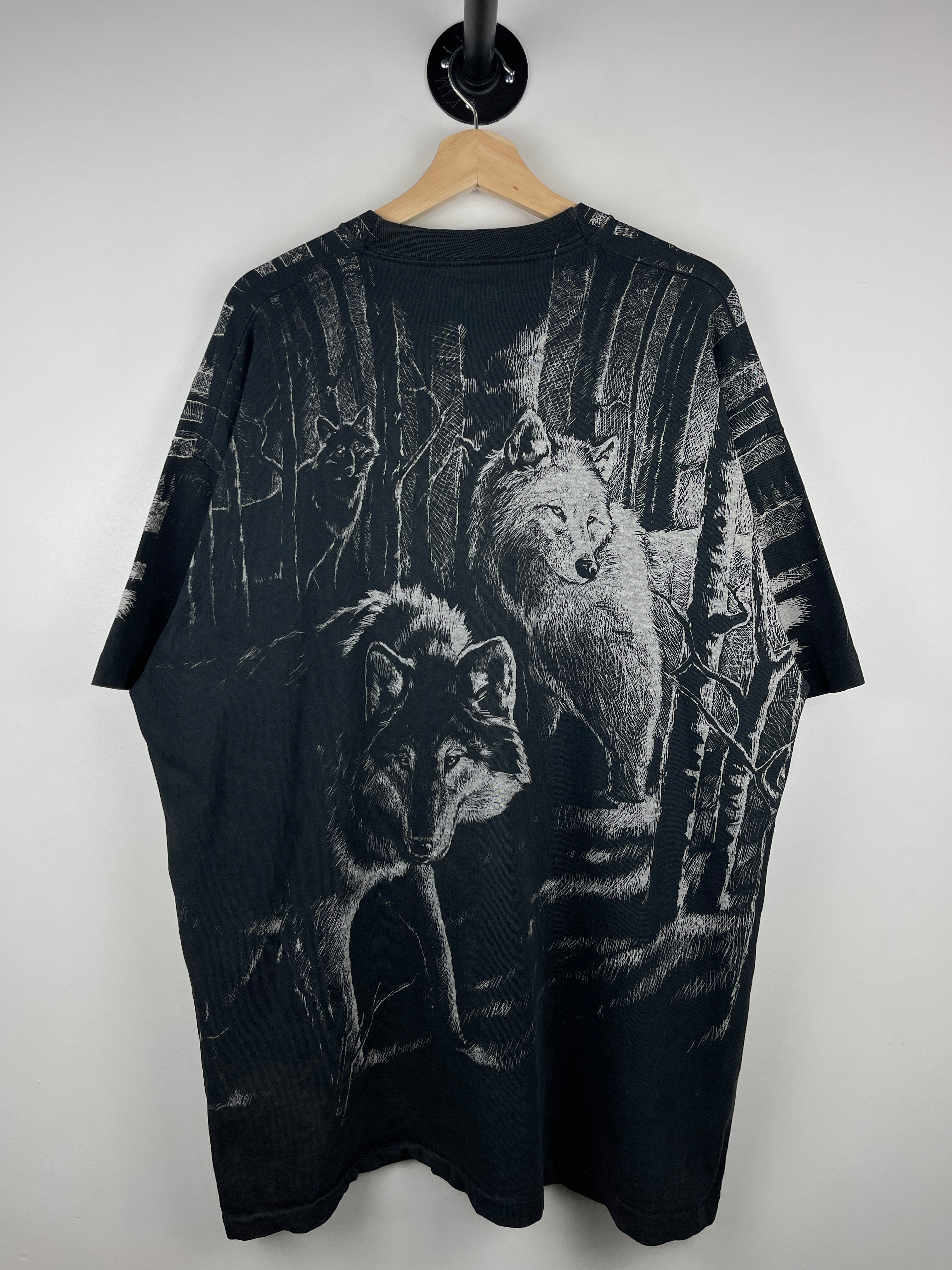 Vintage 90s Wolf Wilderness All Over Print Black Tee