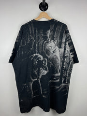 Vintage 90s Wolf Wilderness All Over Print Black Tee