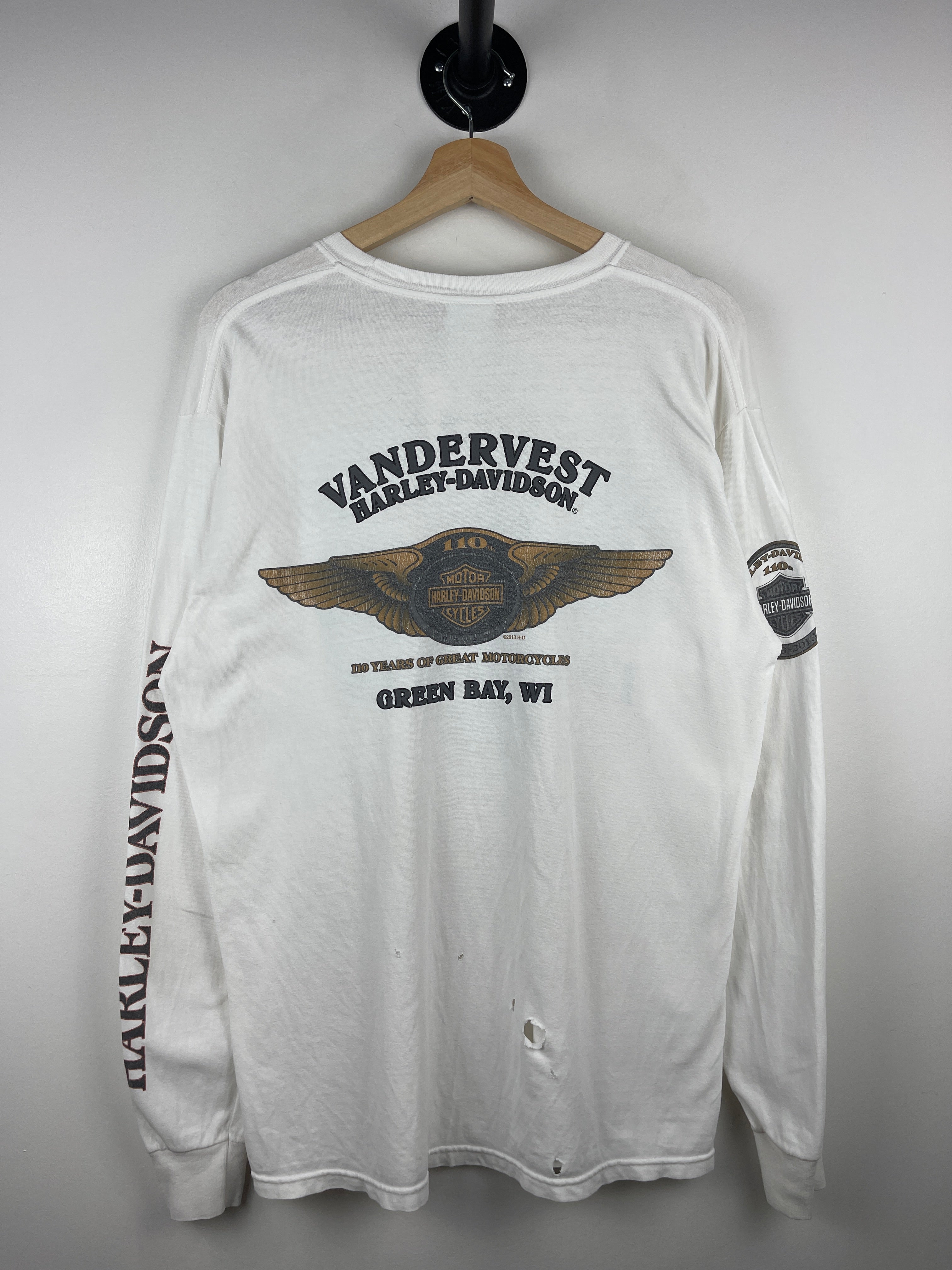 Vintage Harley Davidson Green Bay Wisconsin Thrashed White Long Sleeve