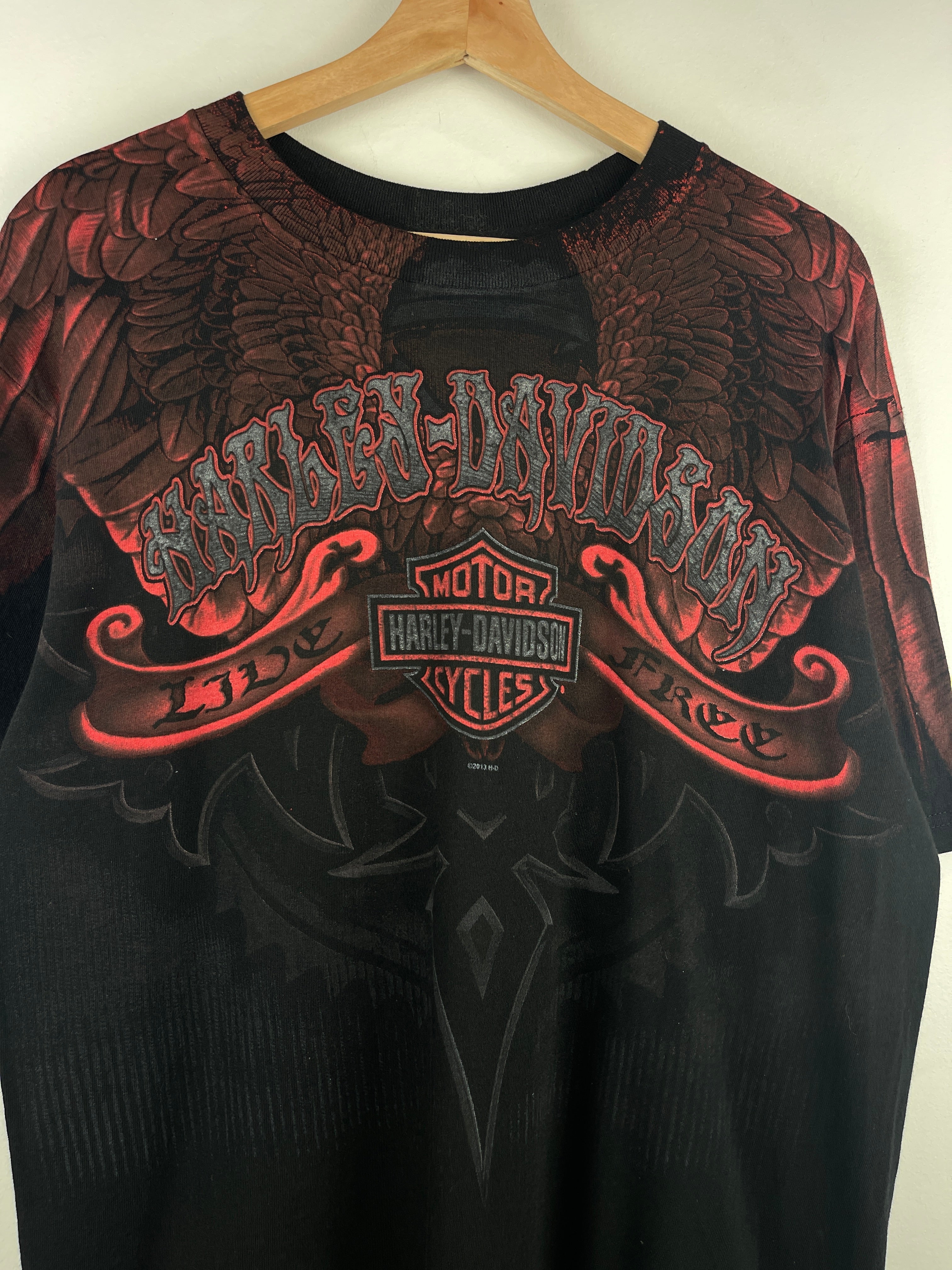 Vintage Harley Davidson Live Free Tribal All Over Print Black Tee