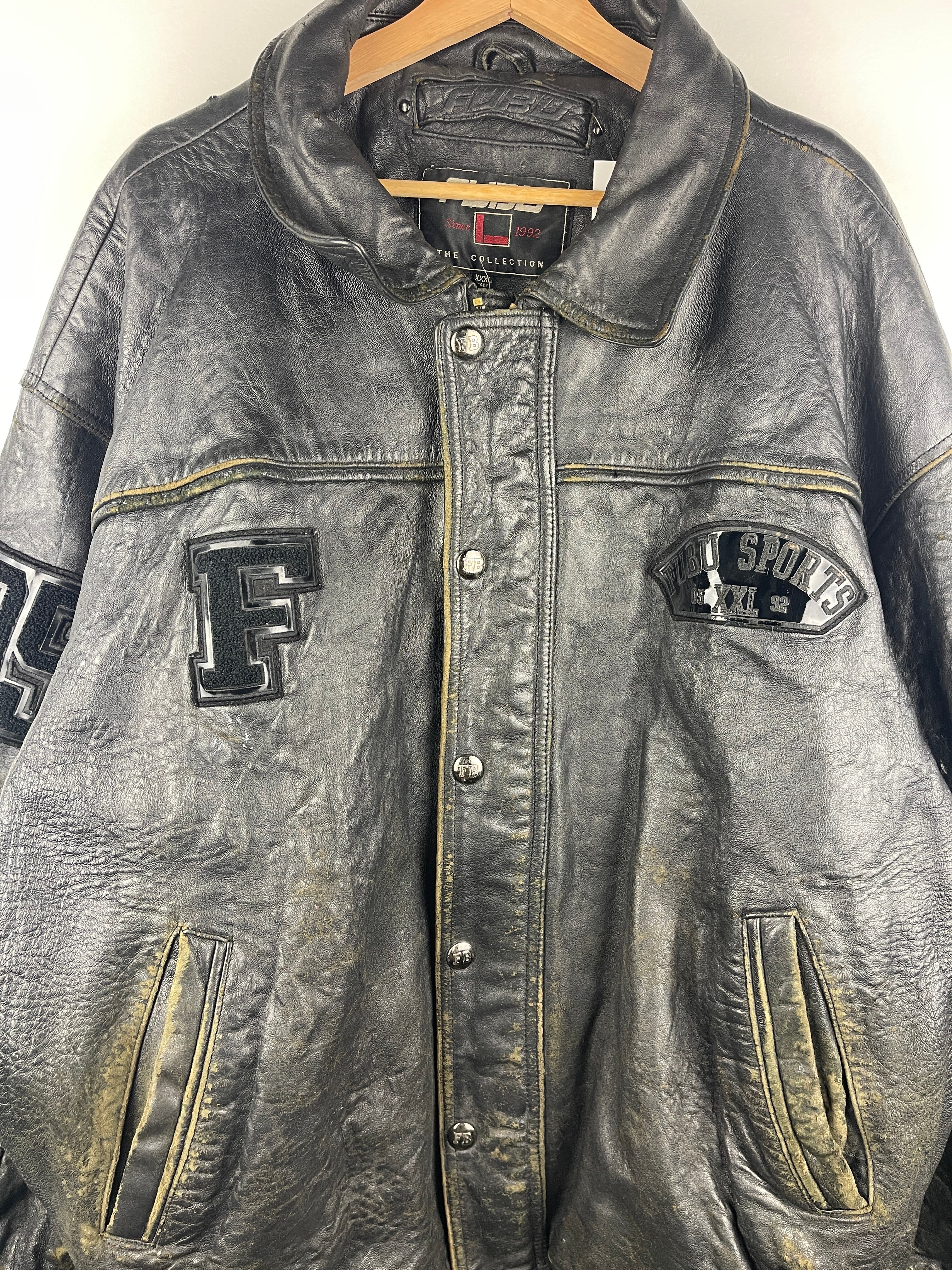 Vintage Fubu Sports Faded Black Leather Bomber Jacket