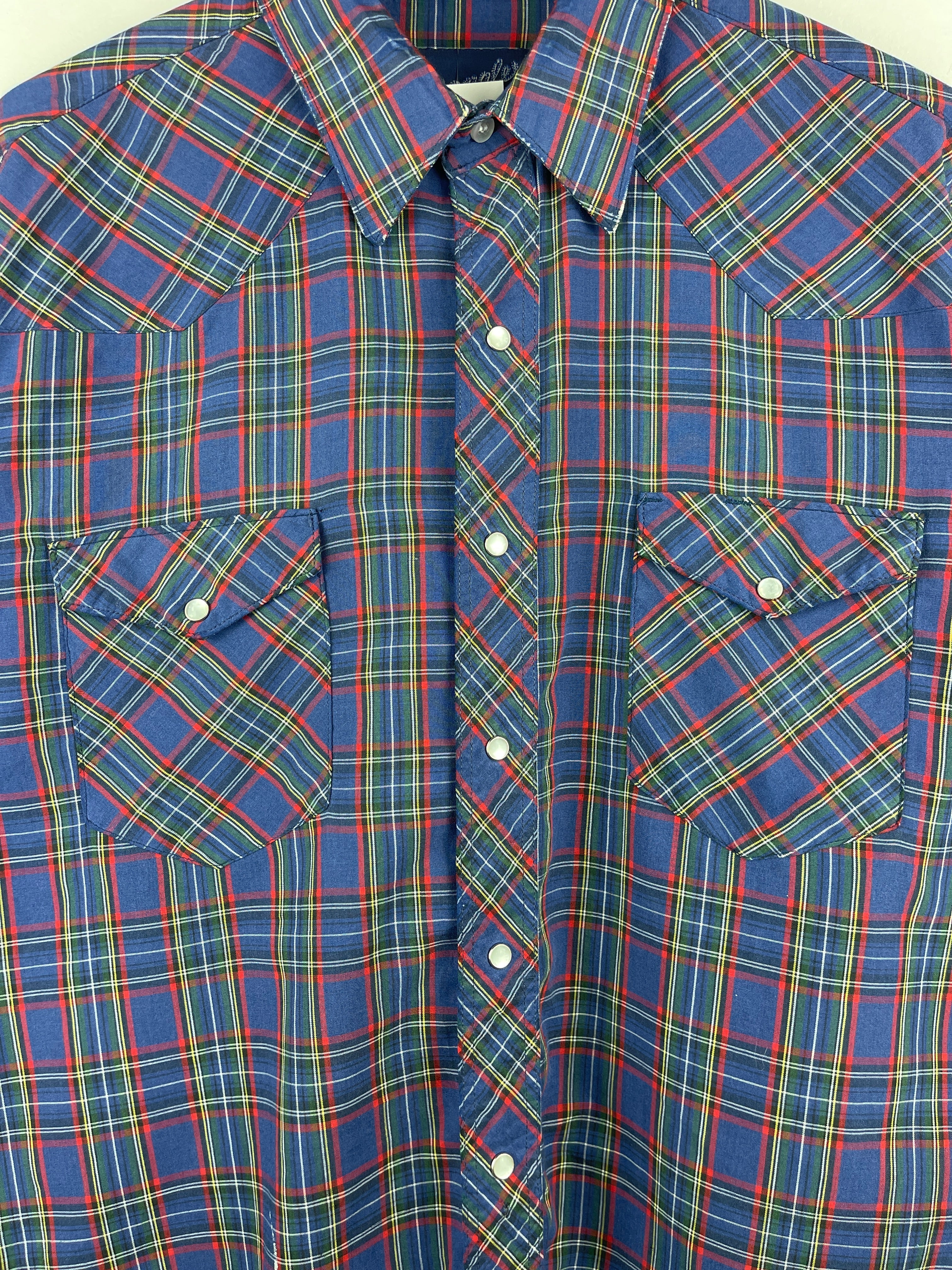 Vintage 90s Wrangler Western Pearl Snap Plaid Blue Long Sleeve Button Up Shirt