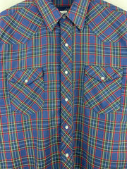 Vintage 90s Wrangler Western Pearl Snap Plaid Blue Long Sleeve Button Up Shirt