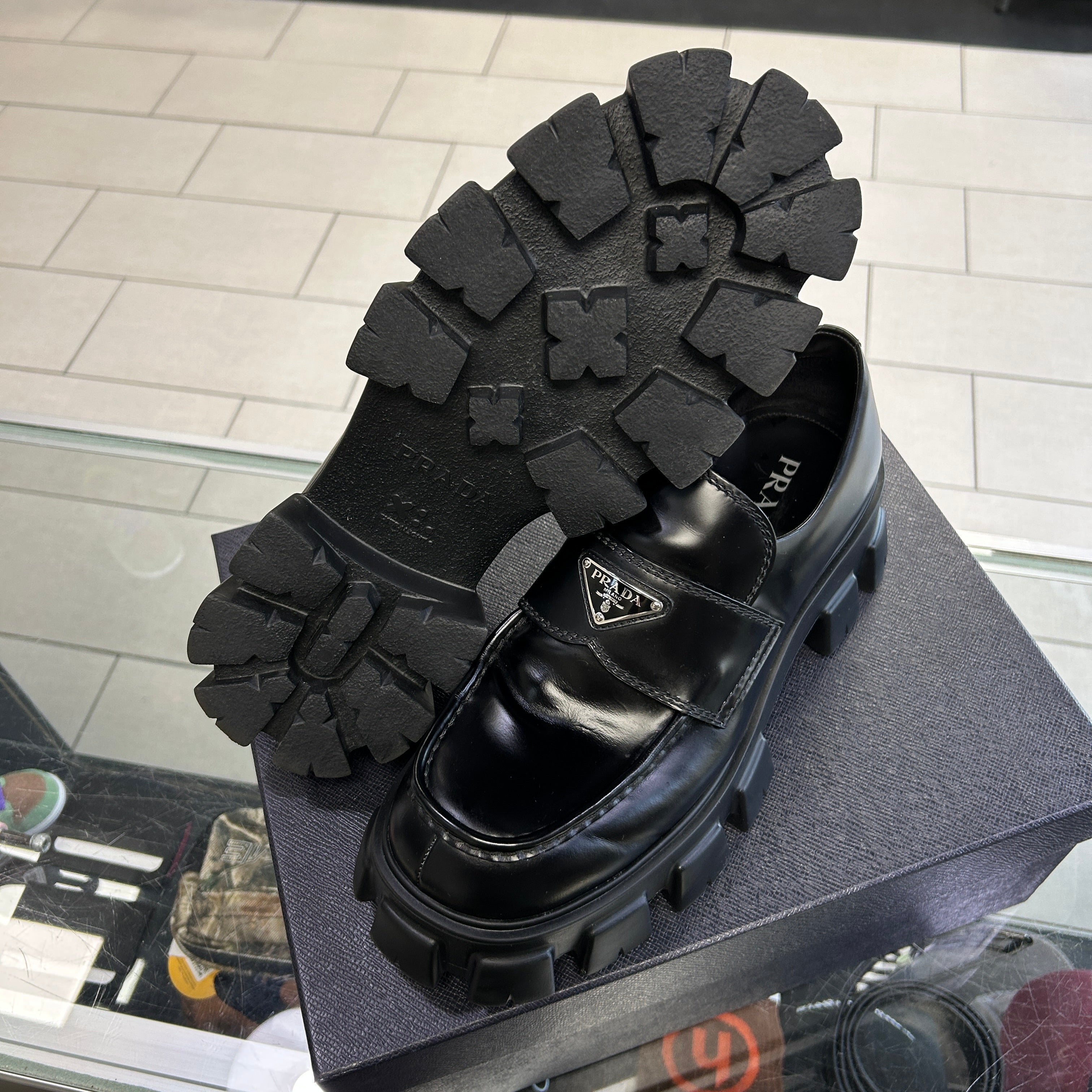 Prada Monolith Brushed Leather Black Loafers
