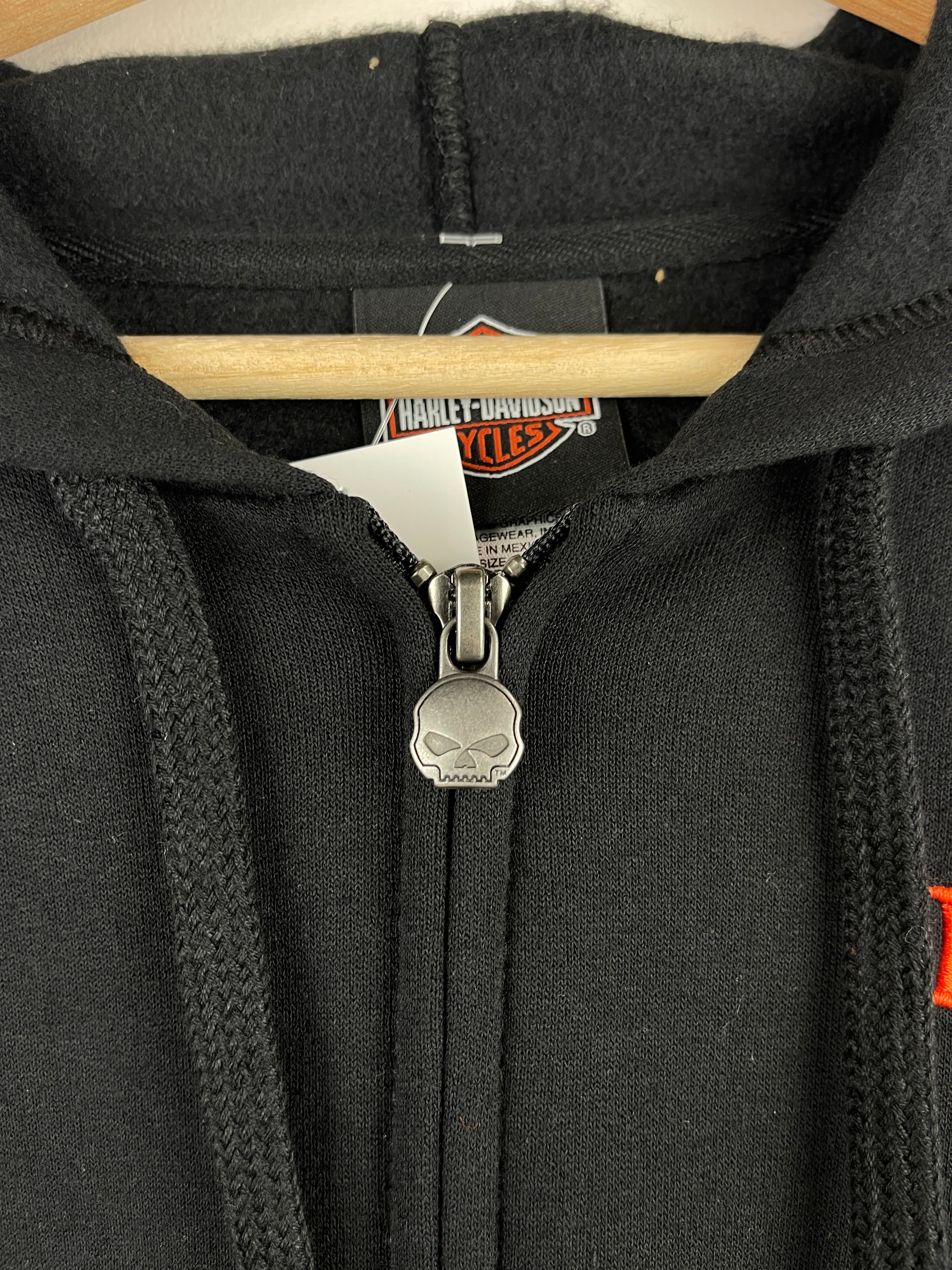 Vintage Harley Davidson Skull Embroidered Black Zip Up Hoodie