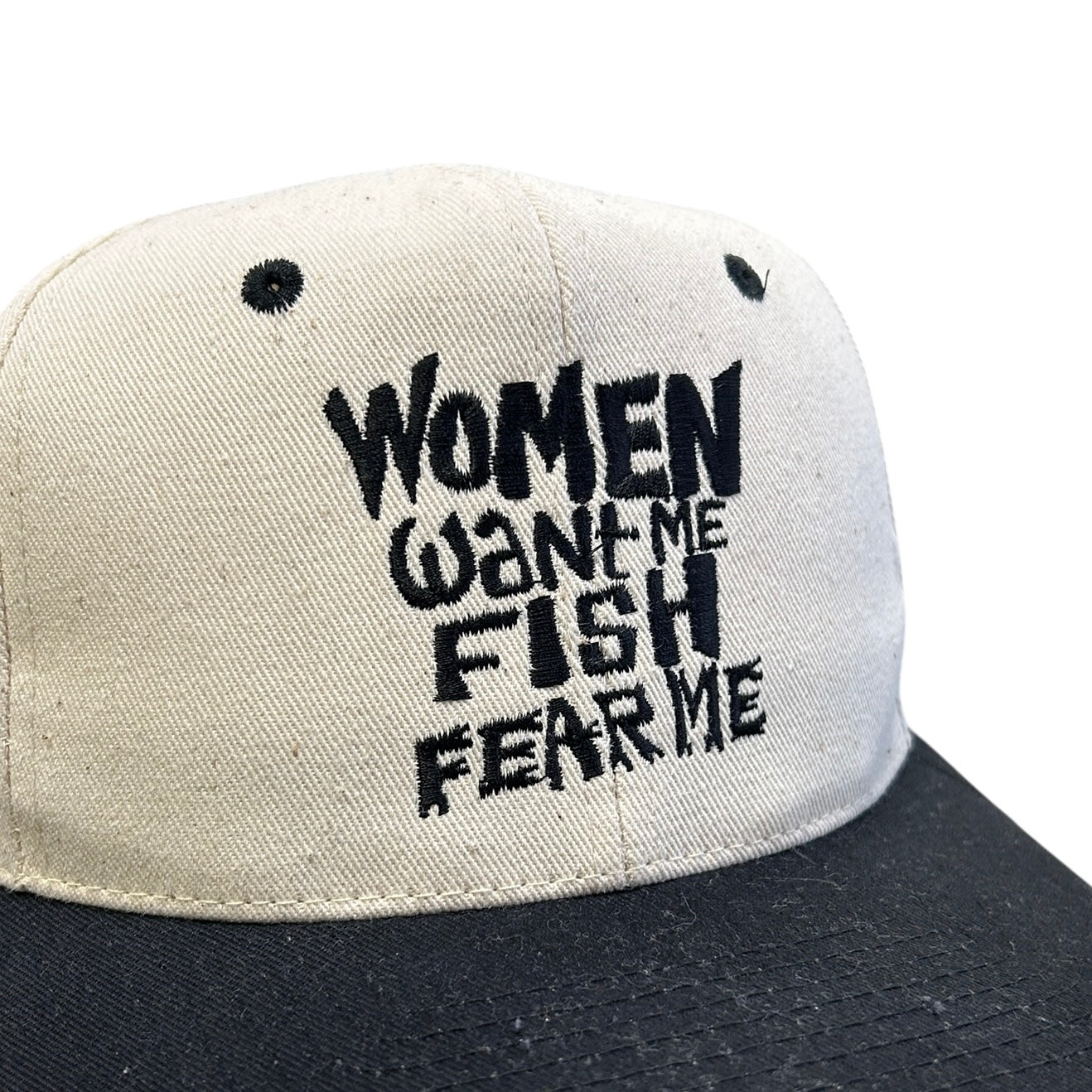 Vintage 90s Women Want Me Fish Fear Me White Snapback Hat