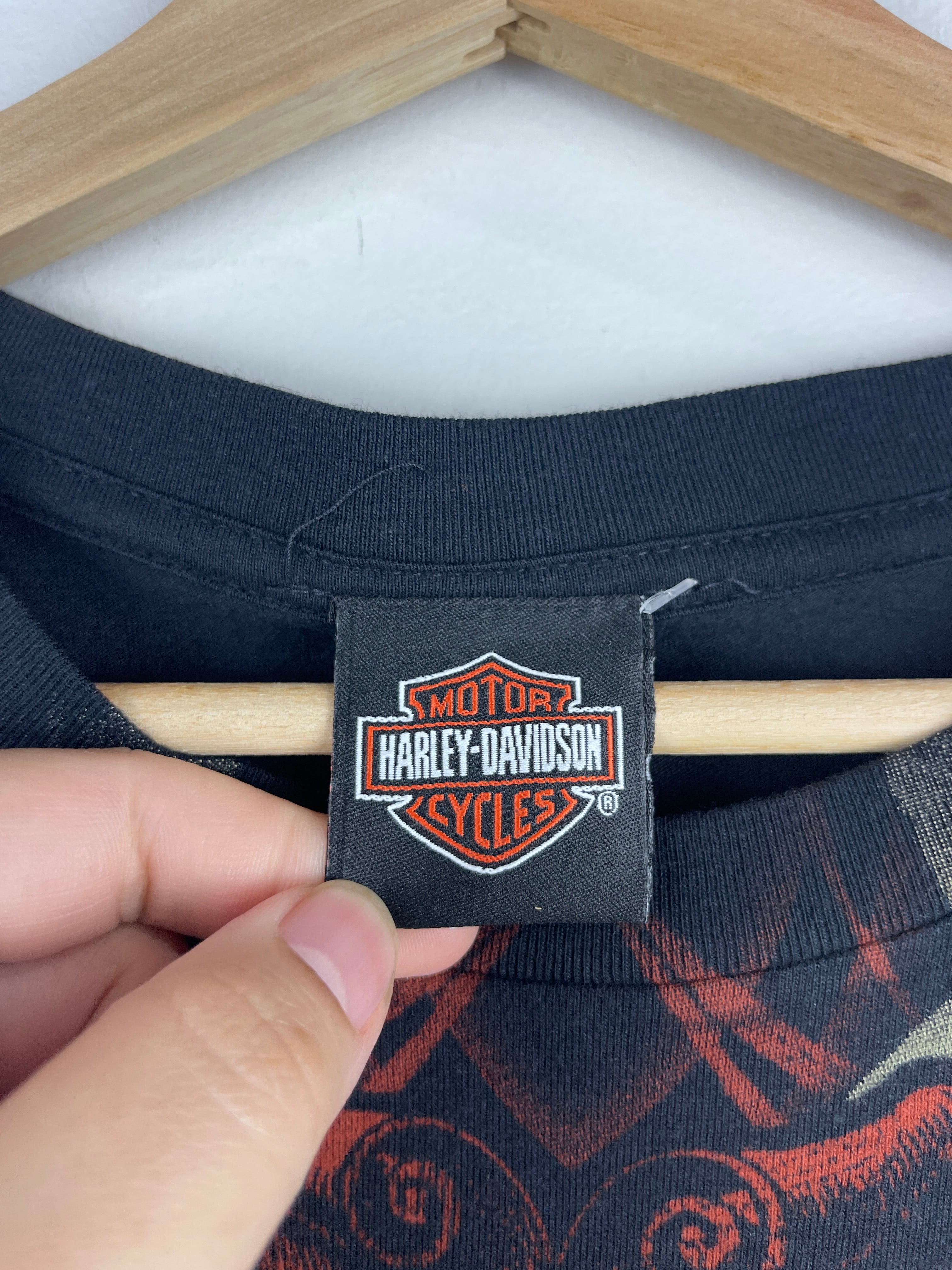 Vintage Harley Davidson Screw It Lets Ride Skull Tribal All Over Print Black Tee