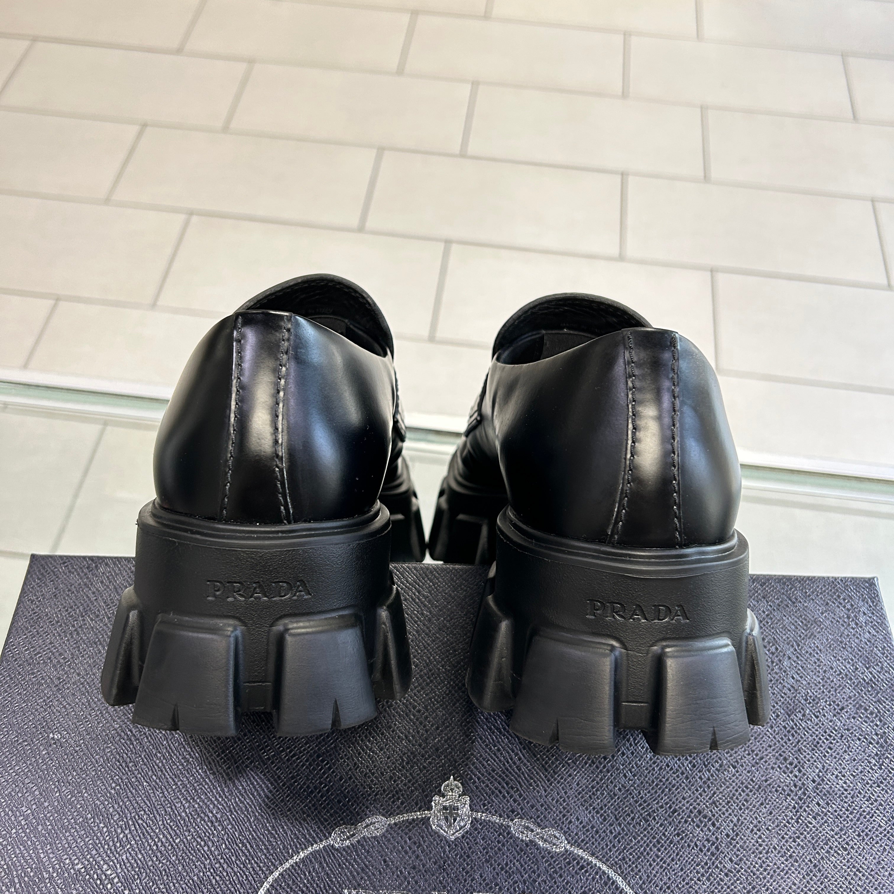 Prada Monolith Brushed Leather Black Loafers