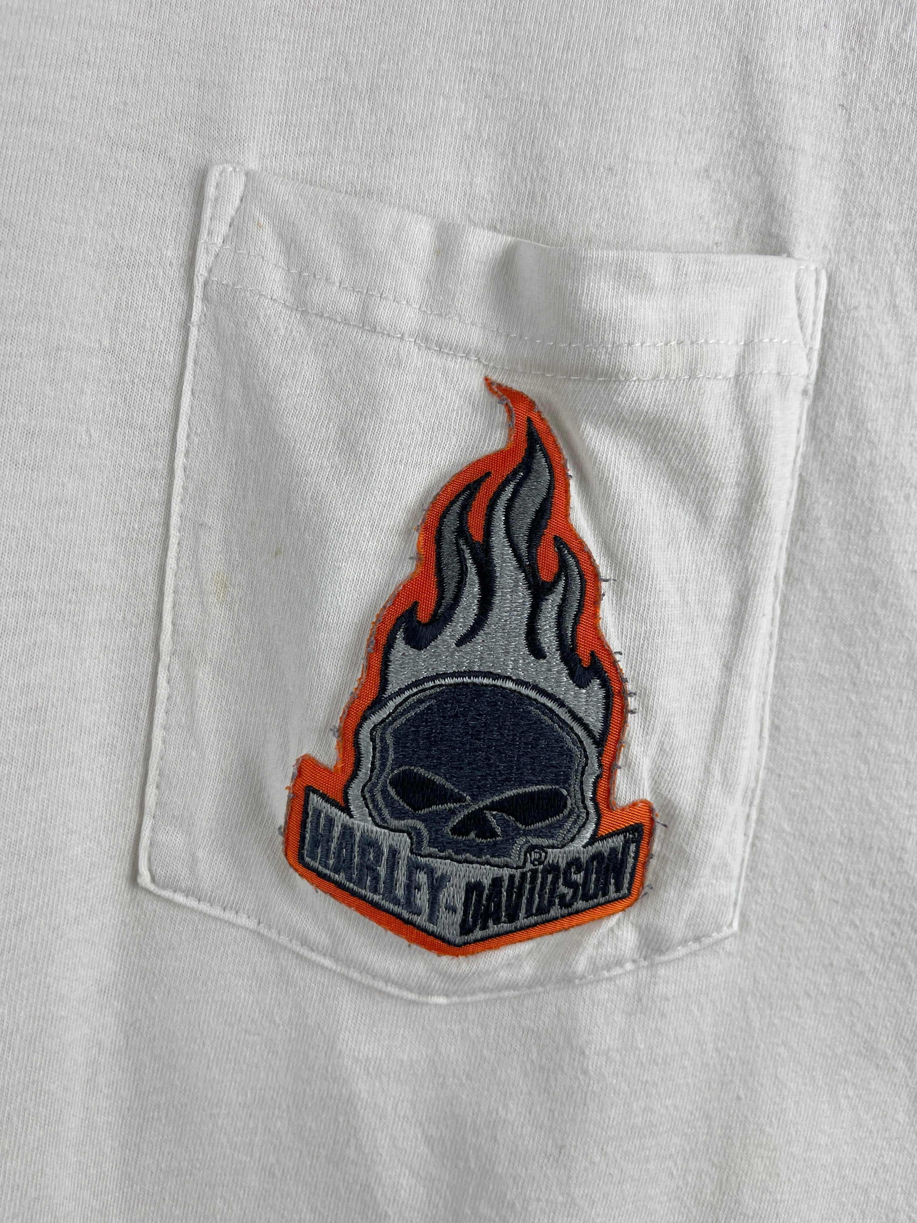 Vintage Harley Davidson Flaming Skull Delaware Embroidered White Henley Tee