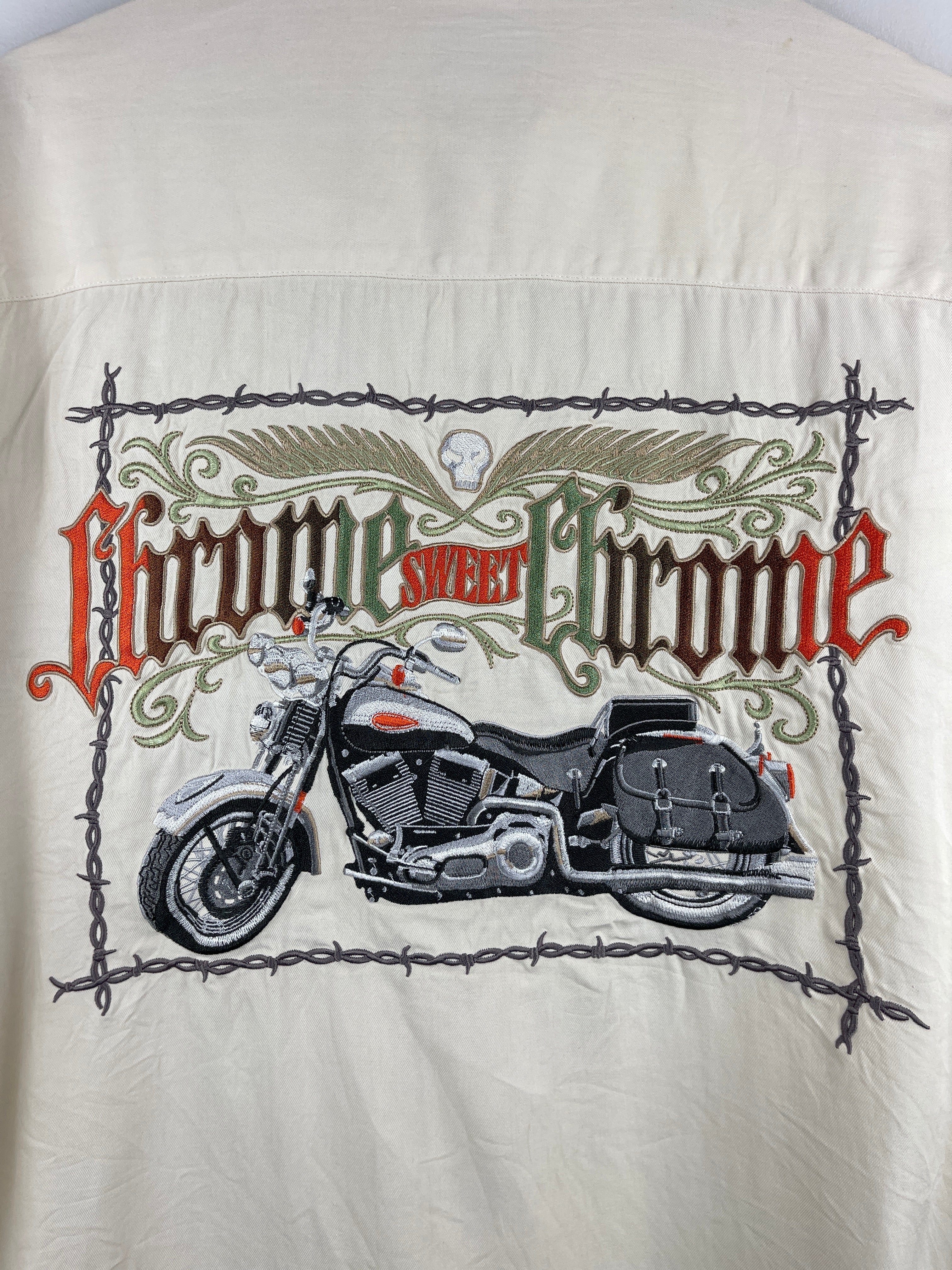 Vintage Harley Davidson Chrome Sweet Chrome Barb Wire Silk Short Sleeve Button Up Shirt