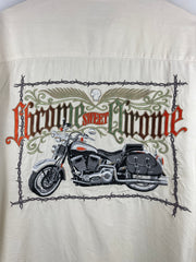 Vintage Harley Davidson Chrome Sweet Chrome Barb Wire Silk Short Sleeve Button Up Shirt
