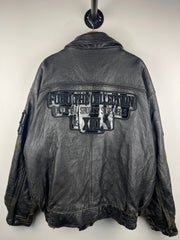 Vintage Fubu Sports Faded Black Leather Bomber Jacket