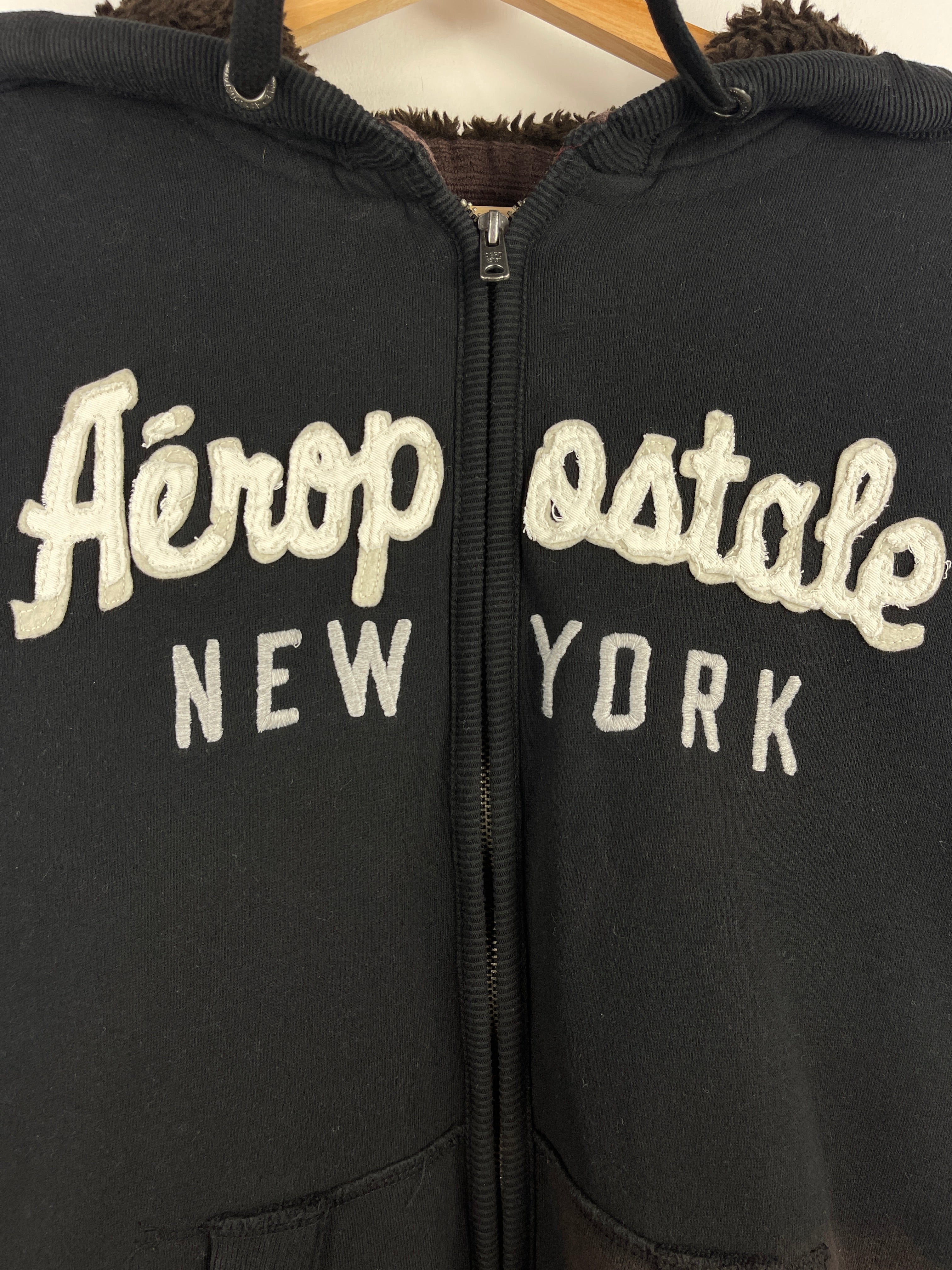 Vintage Aeropostale New York Sherpa Lined Black Zip Up Hoodie