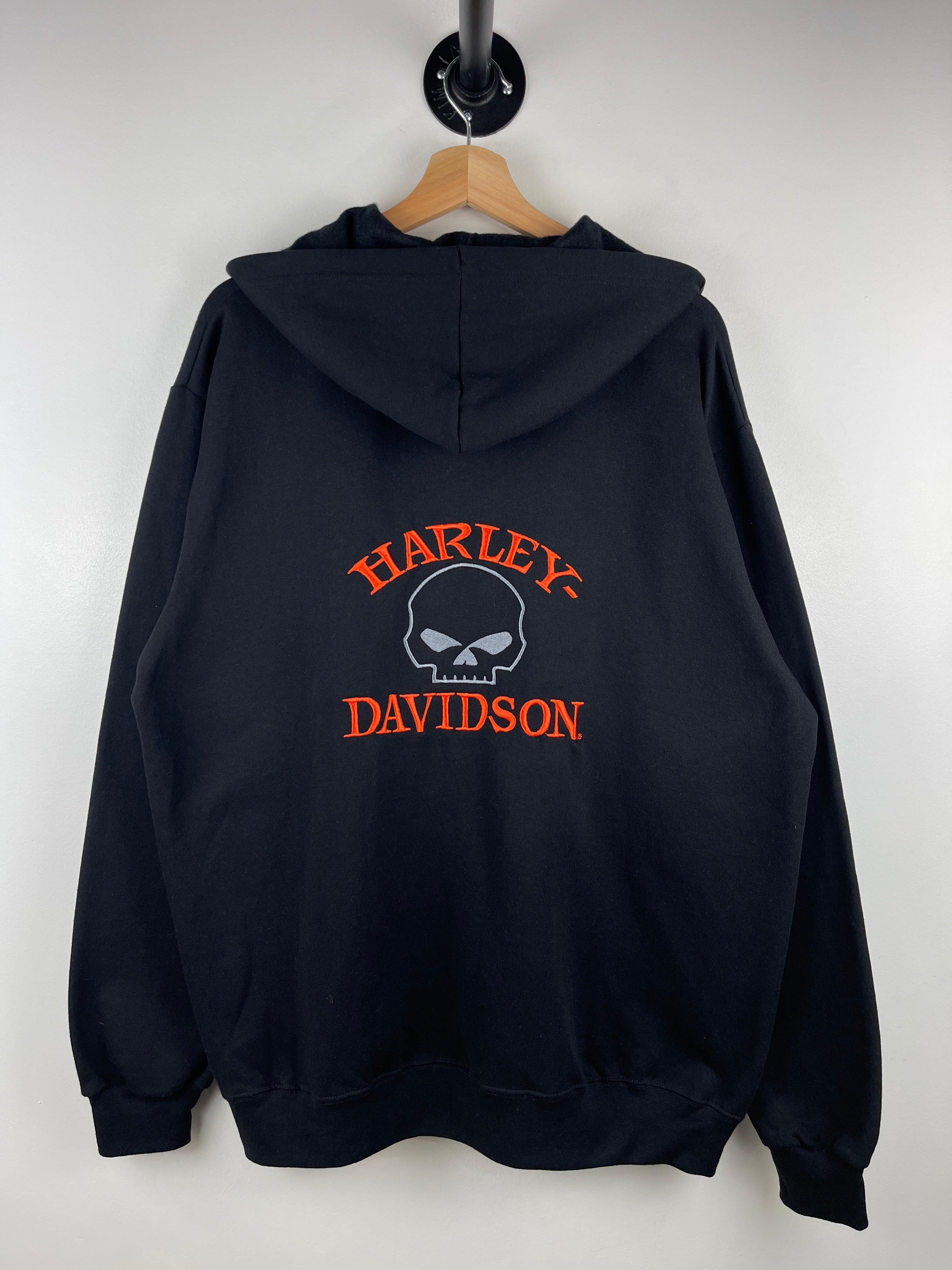 Vintage Harley Davidson Skull Embroidered Black Zip Up Hoodie
