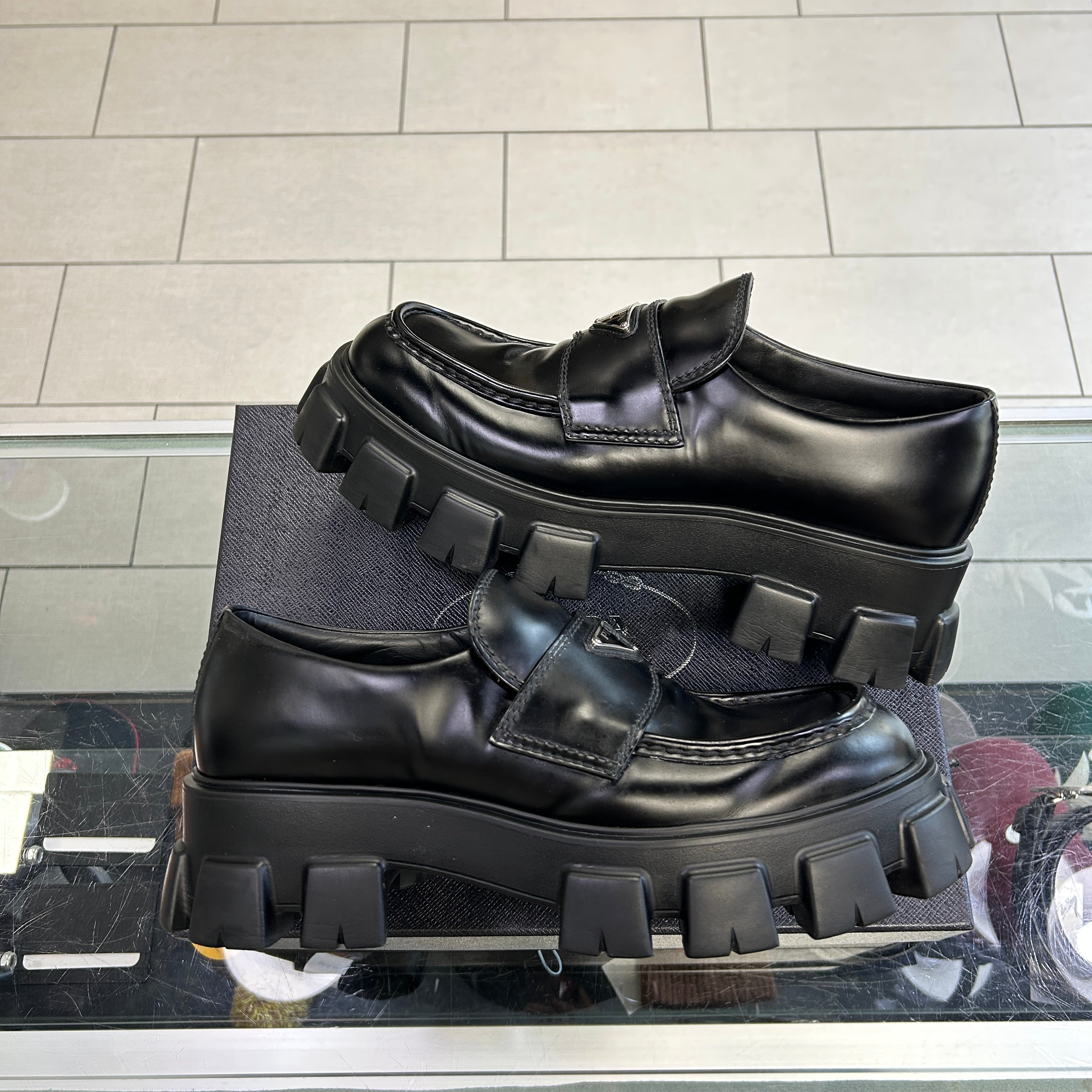 Prada Monolith Brushed Leather Black Loafers