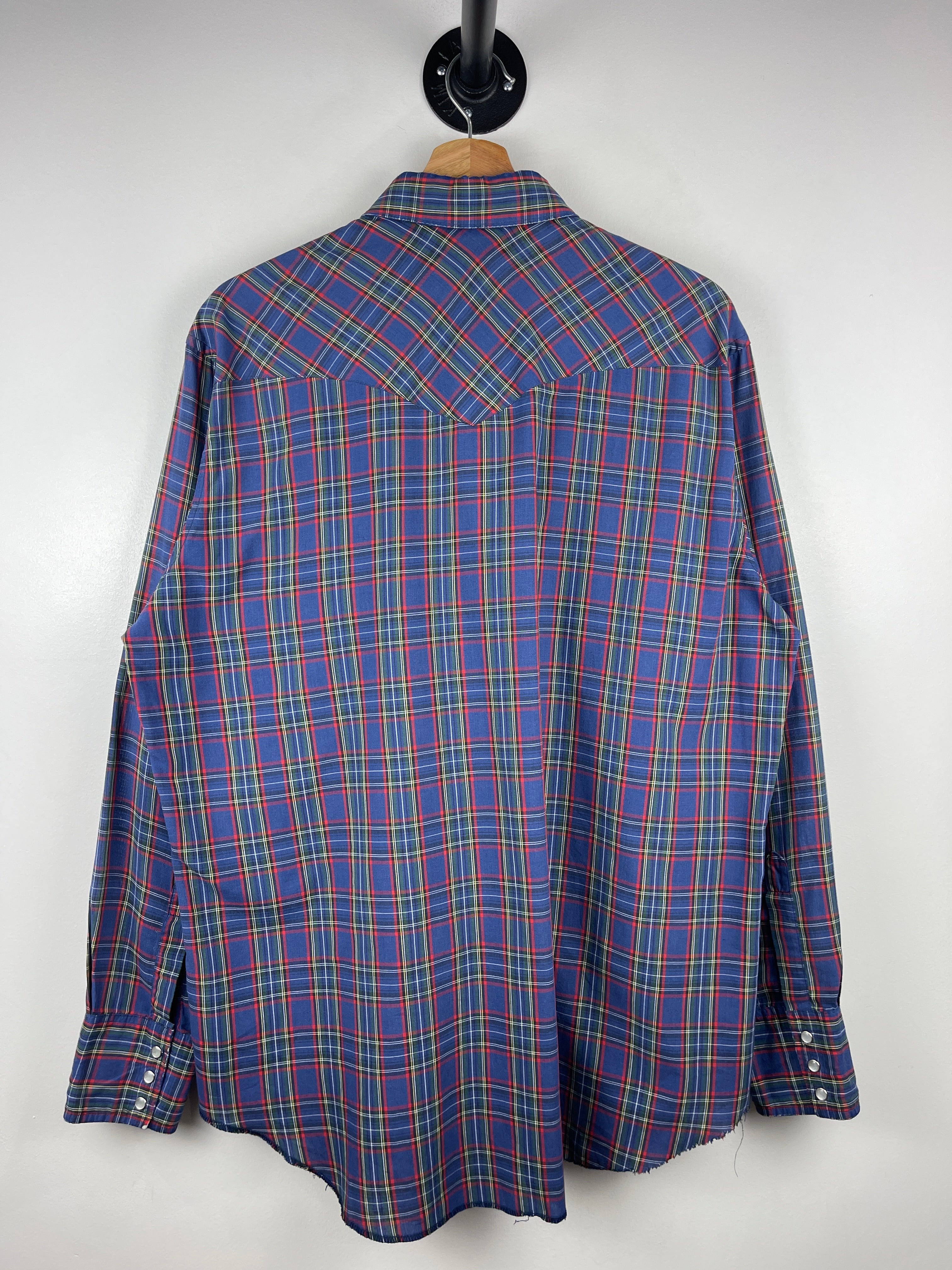 Vintage 90s Wrangler Western Pearl Snap Plaid Blue Long Sleeve Button Up Shirt