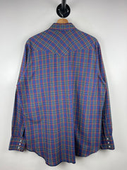 Vintage 90s Wrangler Western Pearl Snap Plaid Blue Long Sleeve Button Up Shirt