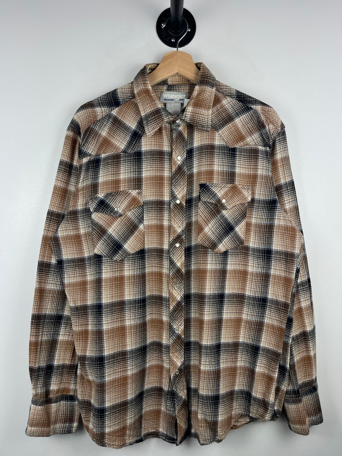 Vintage 90s Wrangler Western Pearl Snap Plaid Brown & White Button Up Flannel Long Sleeve Shirt