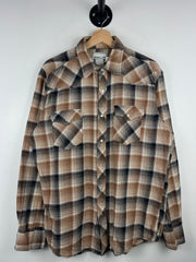 Vintage 90s Wrangler Western Pearl Snap Plaid Brown & White Button Up Flannel Long Sleeve Shirt