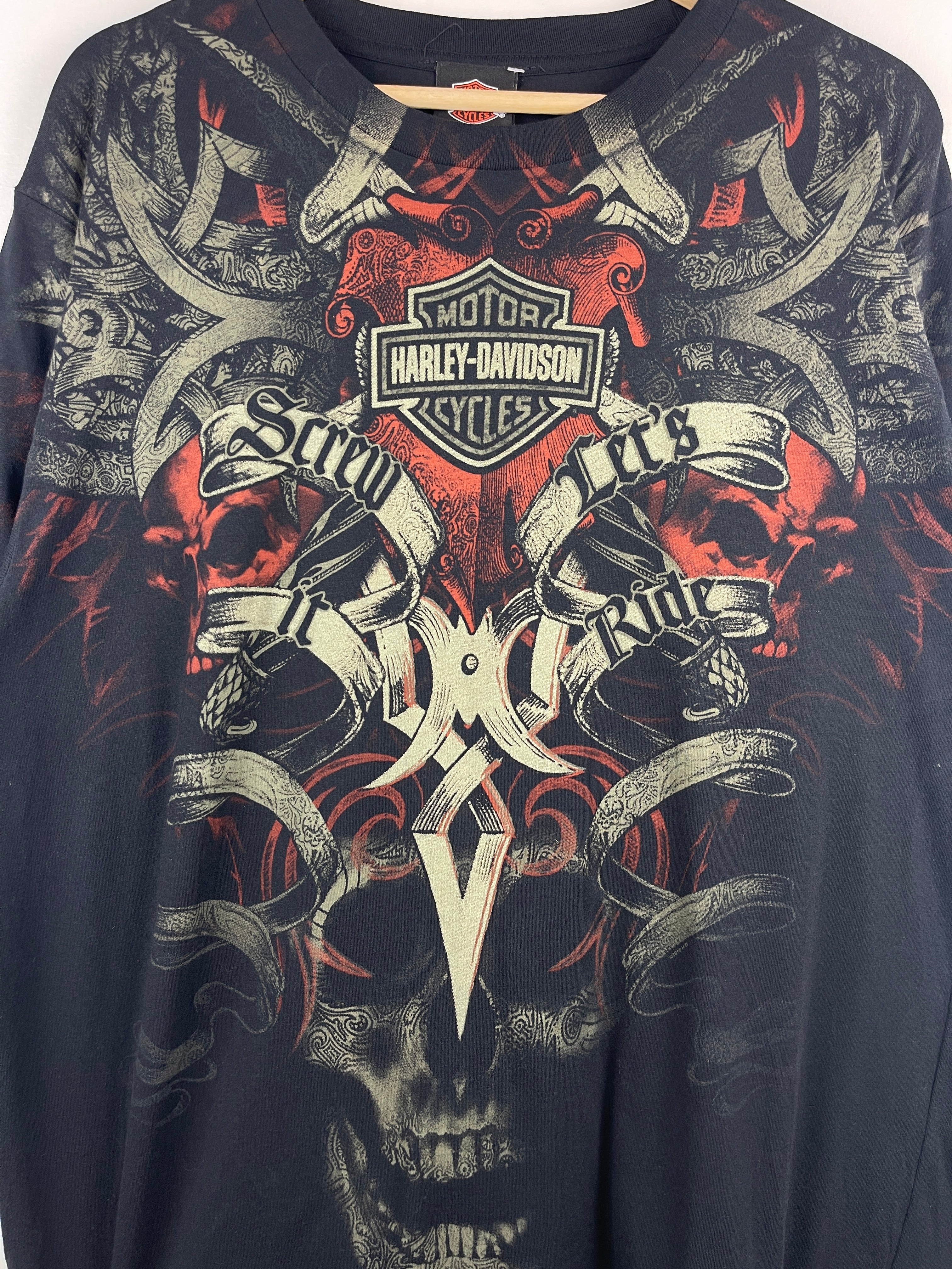 Vintage Harley Davidson Screw It Lets Ride Skull Tribal All Over Print Black Tee