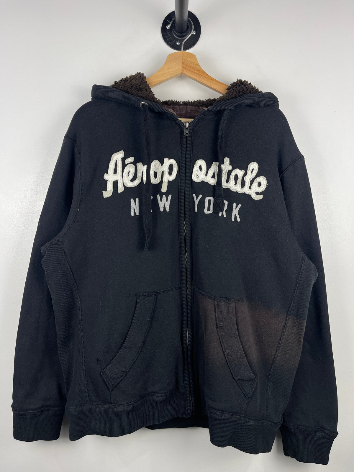 Vintage Aeropostale New York Sherpa Lined Black Zip Up Hoodie