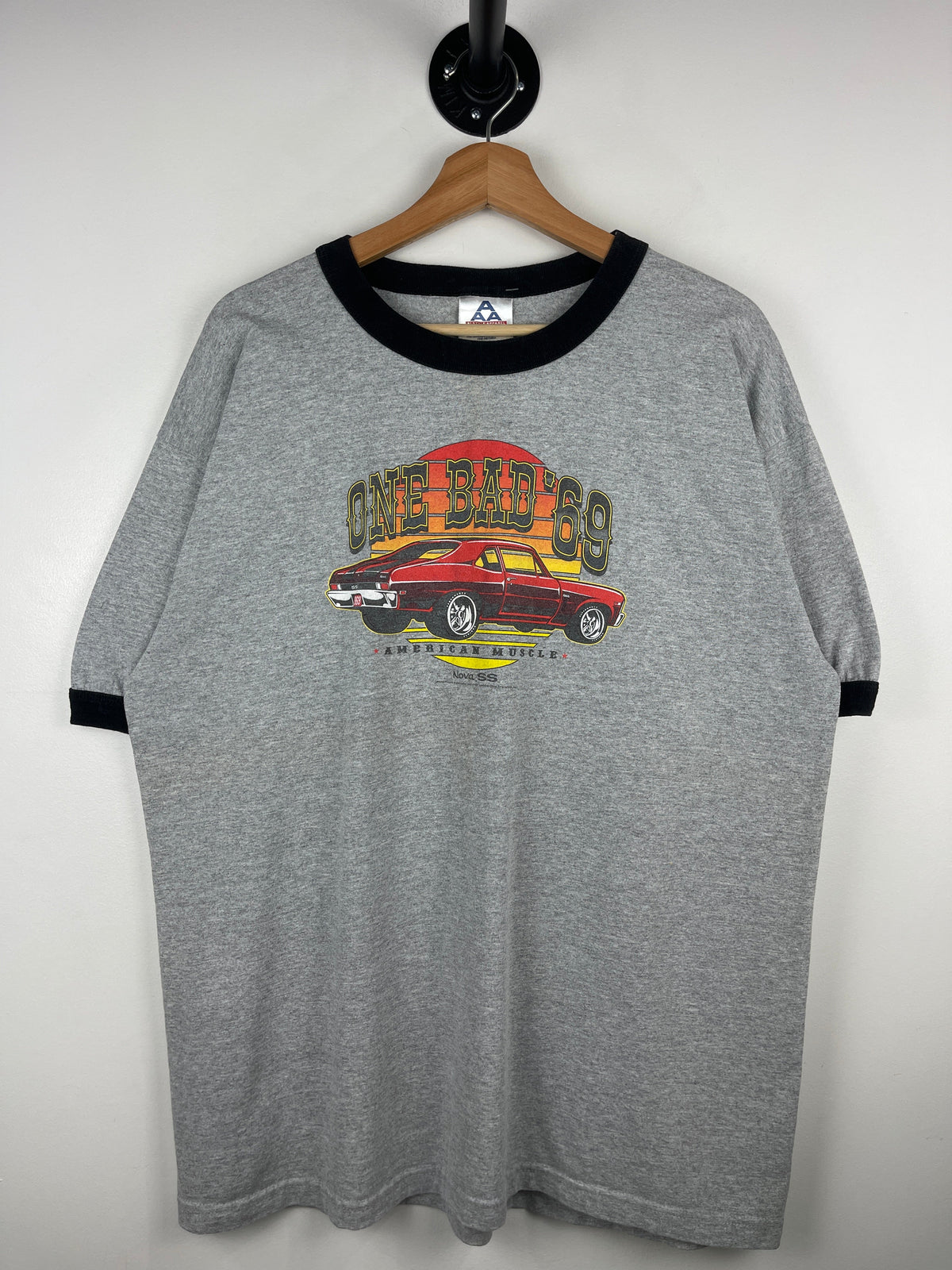 Vintage Chevrolet Nova SS One Bad 69 Grey Ringer Tee