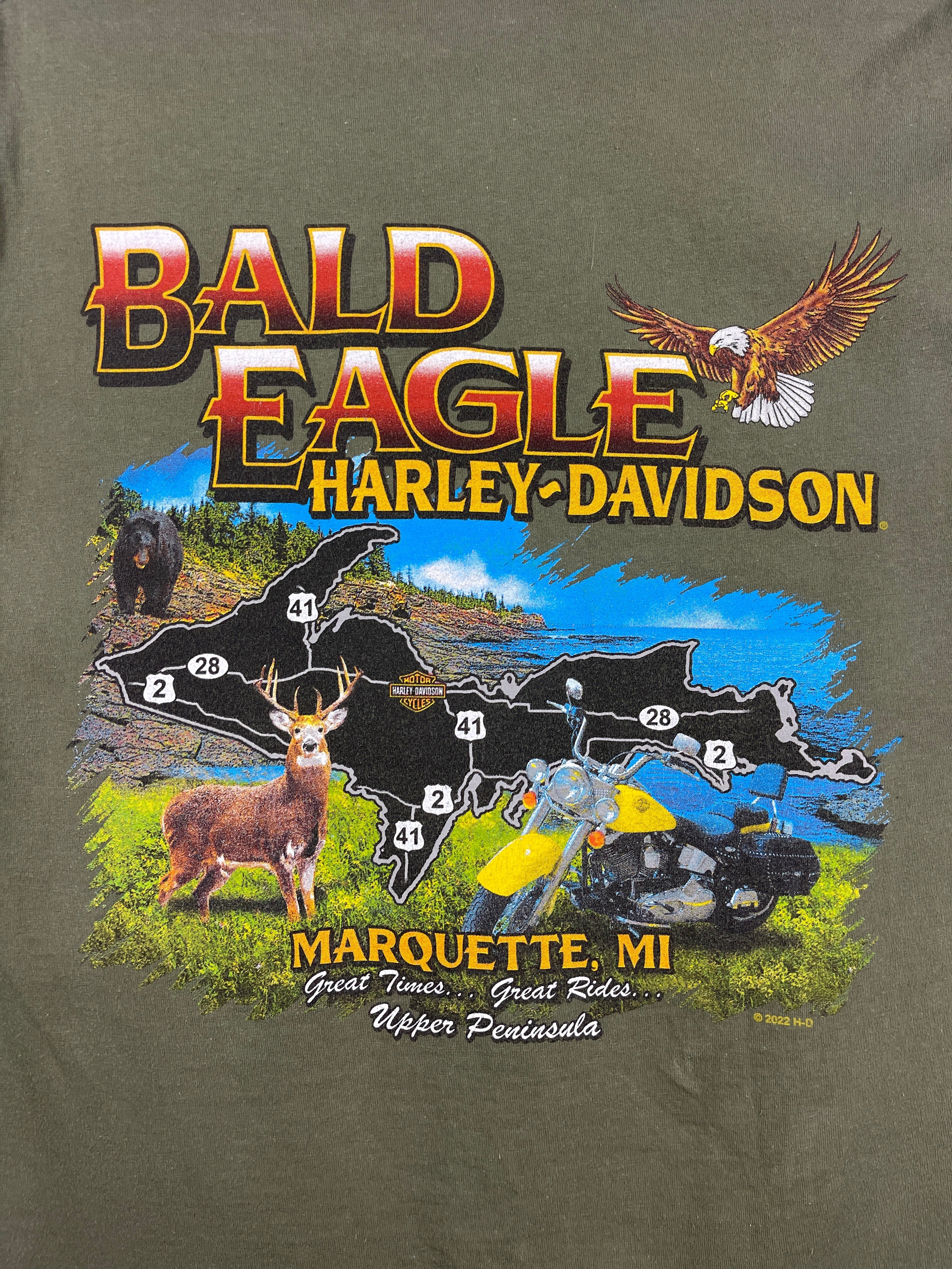 Vintage Harley Davidson Bald Eagle Marquette Michigan Green Tee
