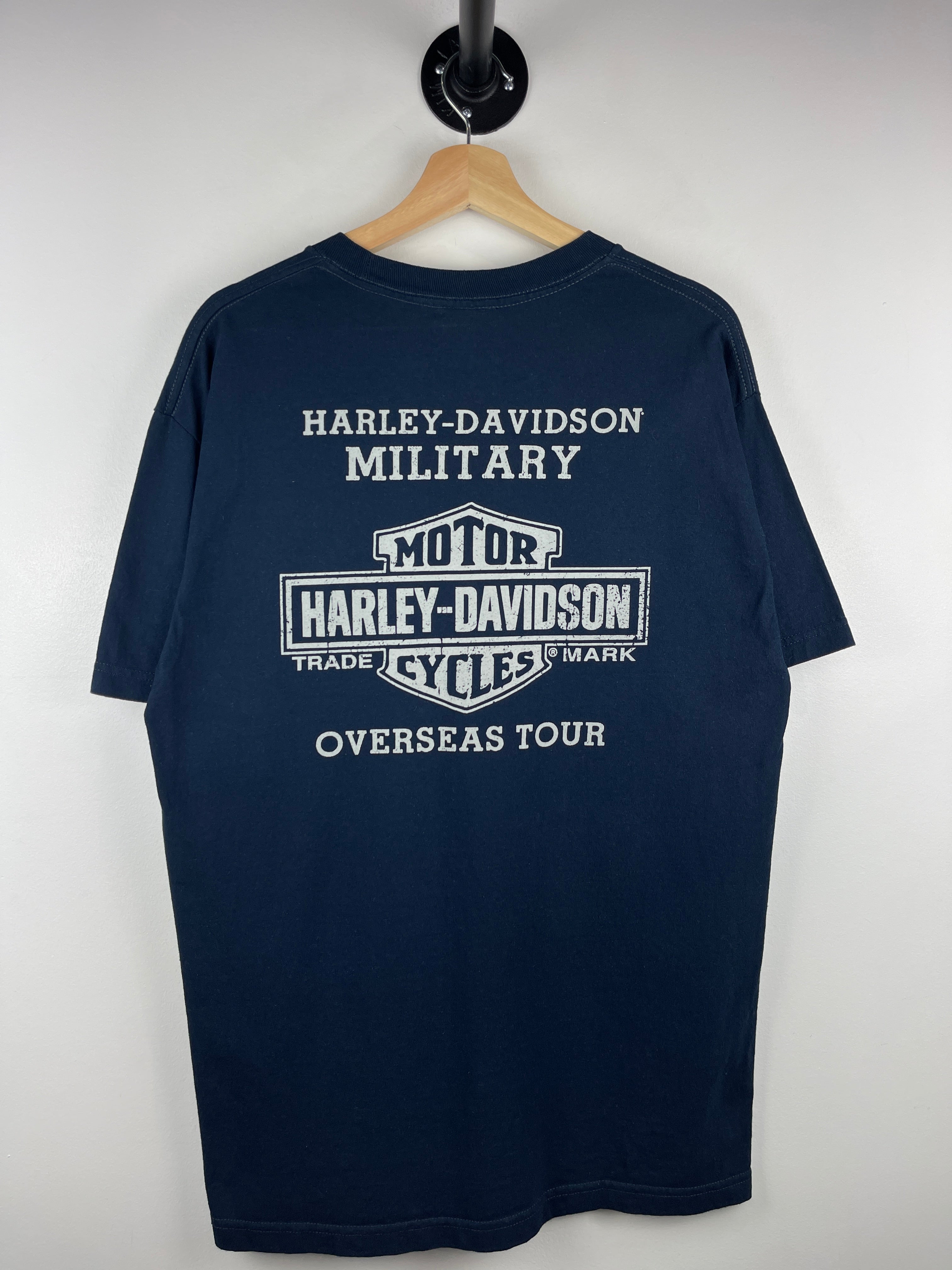 Vintage Harley Davidson Skull Military Overseas Tour Navy Tee