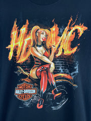 Vintage Harley Davidson Pin Up Girl Flames HD MC Black Tee