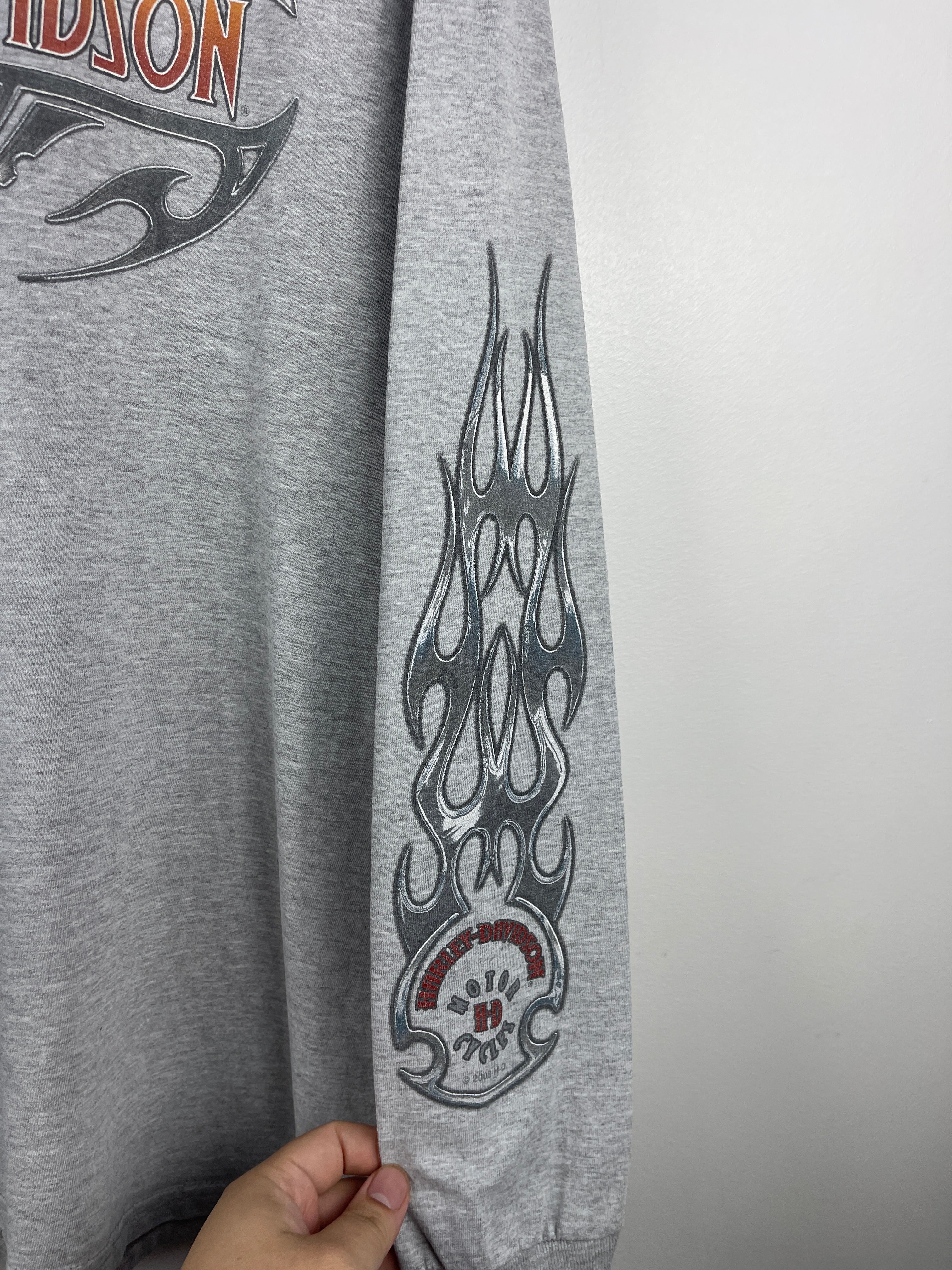 Vintage Harley Davidson Flames Geneva New York Grey Long Sleeve